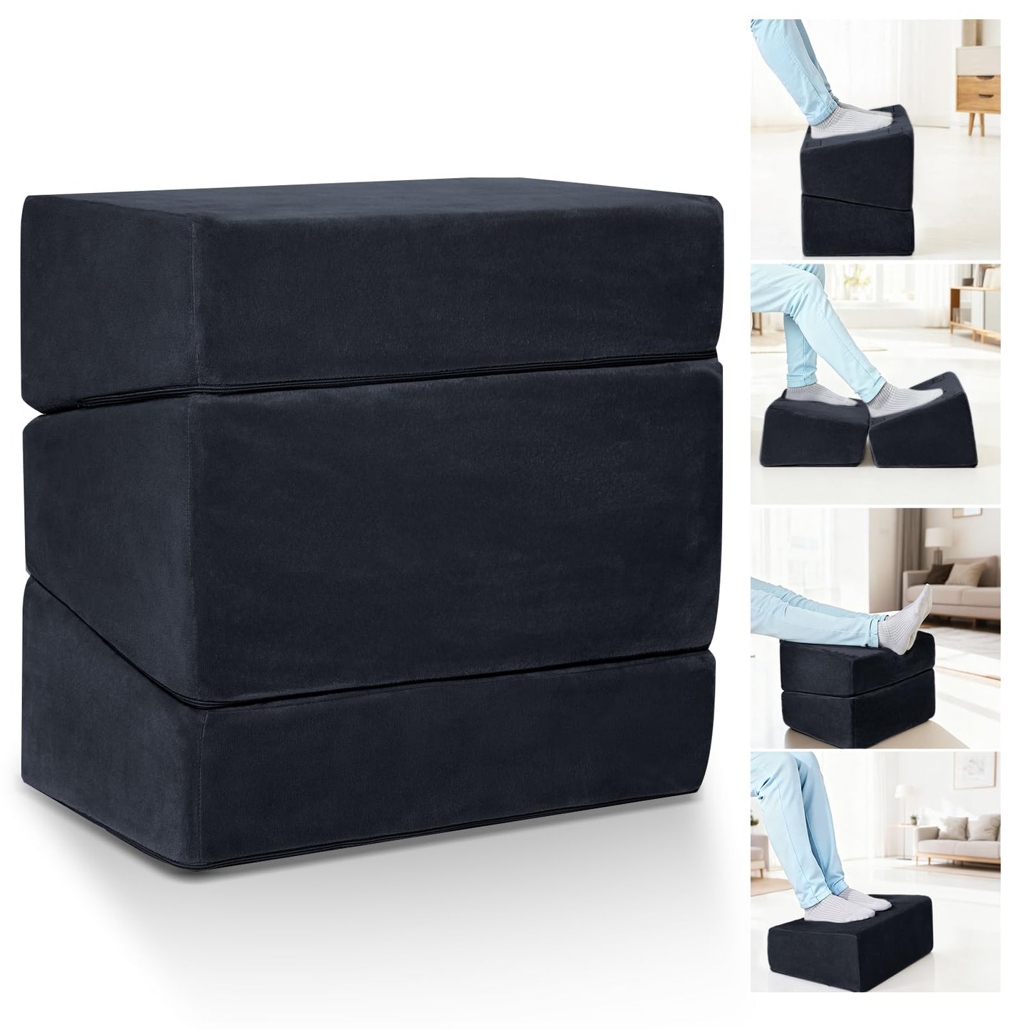 3-Level Adjustable Foot Rest for Under Desk at Work, Ergonomic High-Density Foam Footstool with Crystal Velvet Washable Cover for Office/Home/Game (Black, 17x11.2x17 Inch)