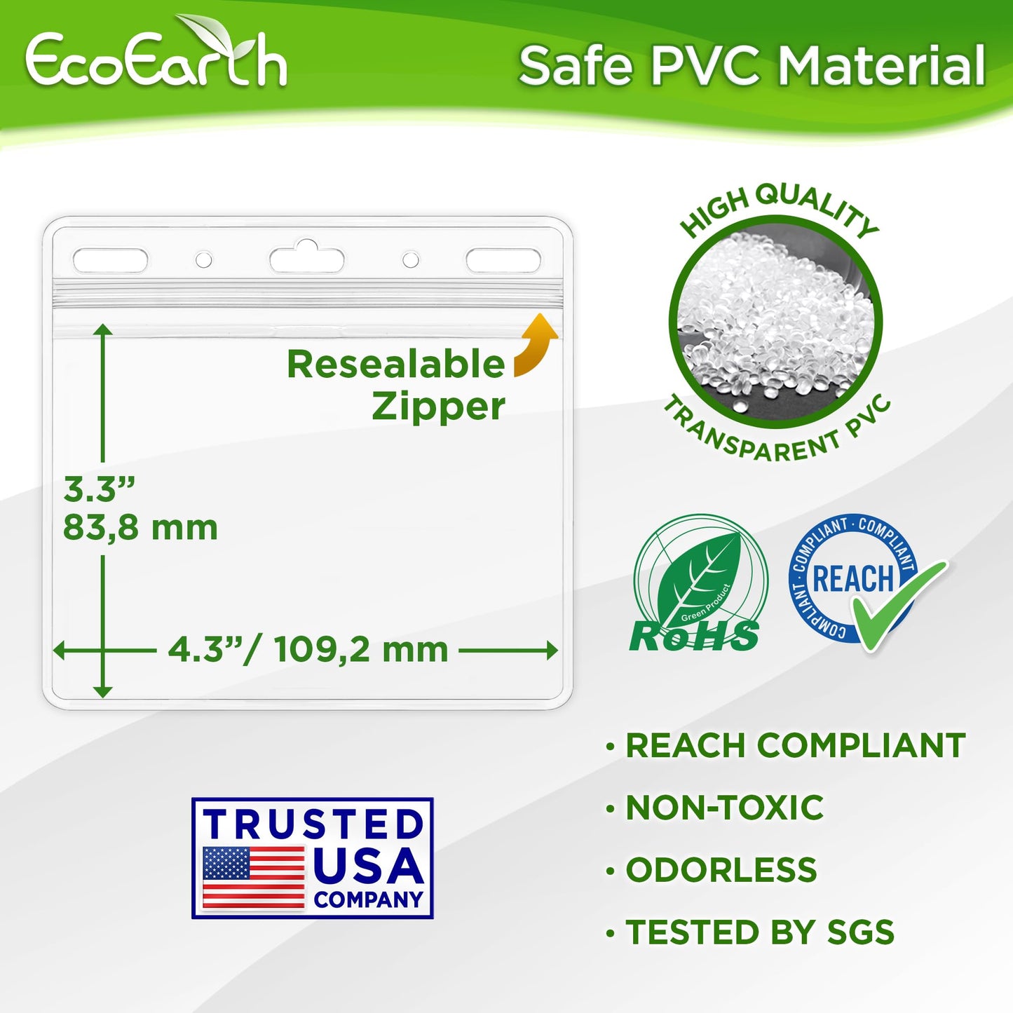 EcoEarth - Horizontal Card Protector w/Soft Edge - Sealable 4x3 Inch, Clear, 250 Pack - Waterproof ID Badge Holder - Plastic Name Tag Holder Bulk