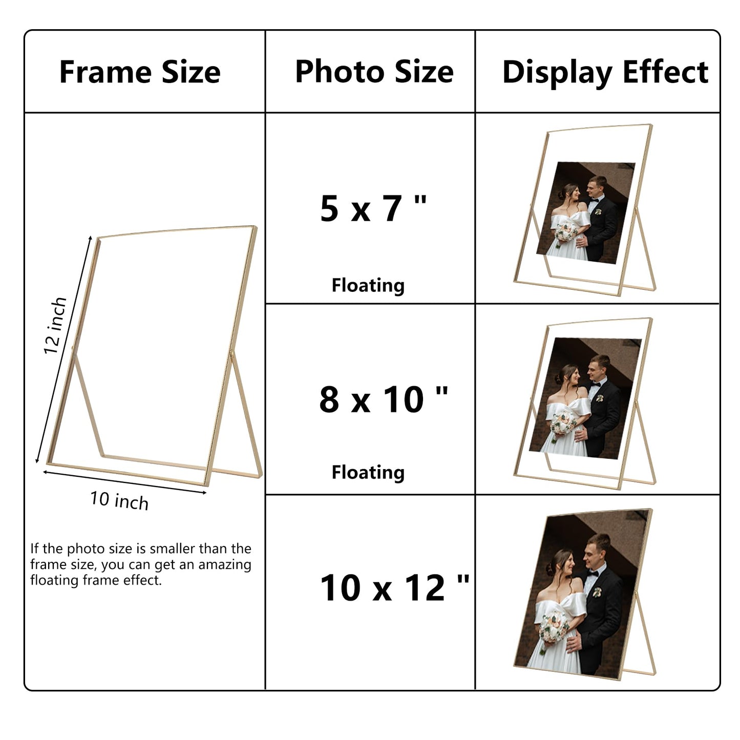 GorYeeFine Gold 10x12'' Floating Frame 2pack For Photo Sizes(8.5x11'',8x10'',7x9''),Beautiful Metal Beaded Edge 8x10'' floating picture Frames, Adjustable Tabletop/Shelf Photo Frame