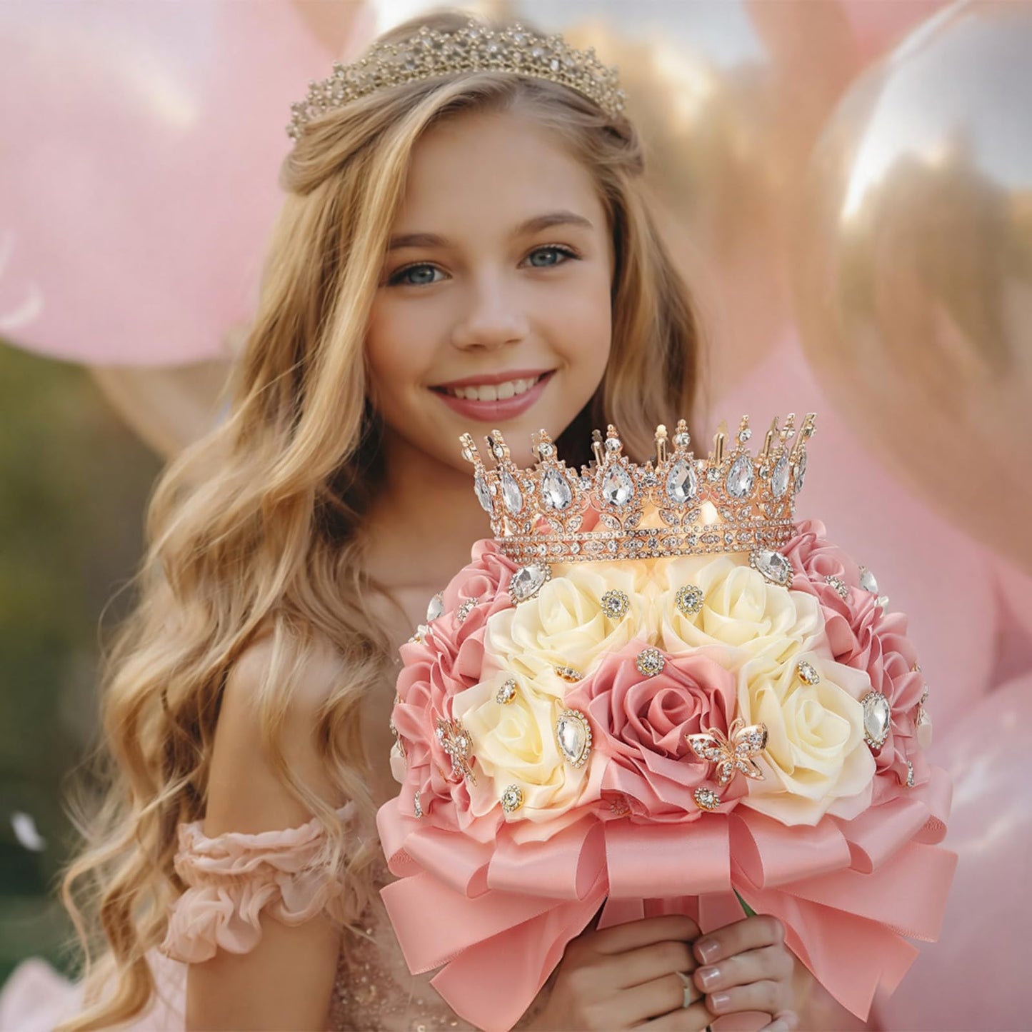 Suncalla 8.7" Ramo de Quinceañera Peach Pink & Cream Bridal Wedding Bouquet with Crown Satin Rose Bling Artificial Flower Bunch Inspiración Ramos para Quinceaños for Bride Wedding Quinceanera