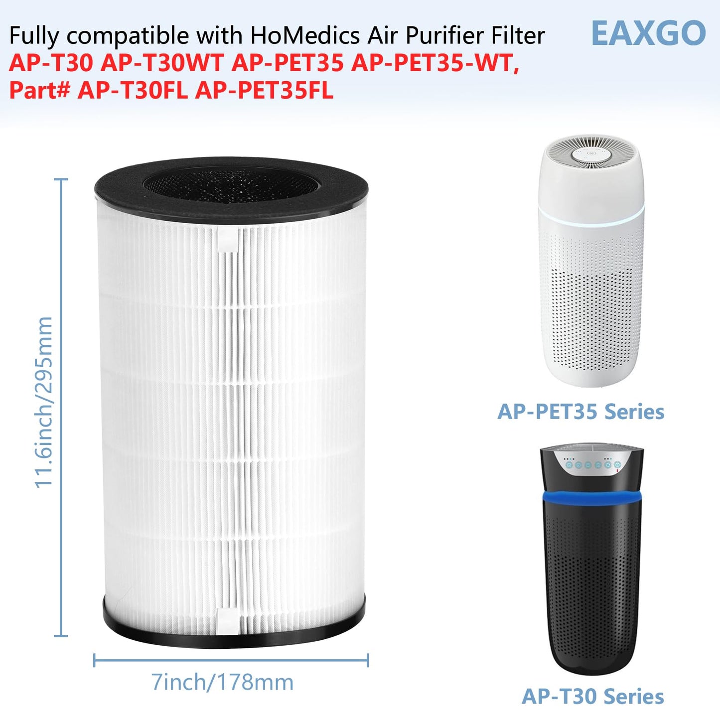 EAXGO AP-PET35 AP-T30 Replacement Filter Compatible with HoMedics Air Purifier Models AP-PET35-WT AP-T30WT,Part# AP-PET35FL AP-T30FL, 3 in 1 H13 Ture HEPA Filter,1 Pack