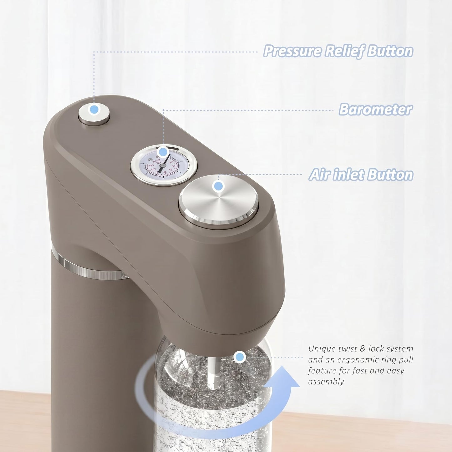 Home Sparkling Water Soda Maker with 2 BPA-Free Bottles (1L + 0.5L) - Carbonated Water Seltzer Fizzy Drink Machine, Compatible with Screw-In 60L CO2 Carbonator (Not Included), Gray