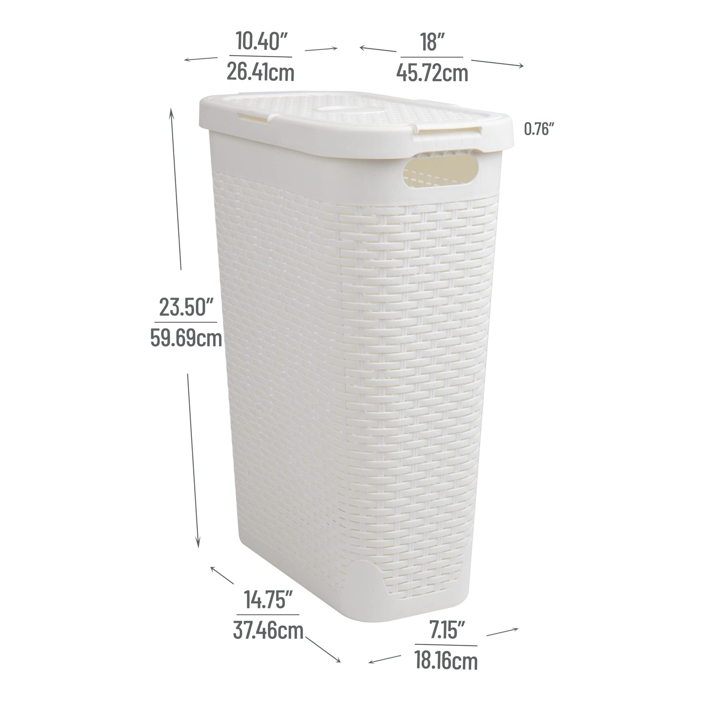 Mind Reader Slim Laundry Hamper with Lid, 40L Clothes Basket, Narrow Tapered Design with Ventilated Cutout Pattern, Plastic, White
