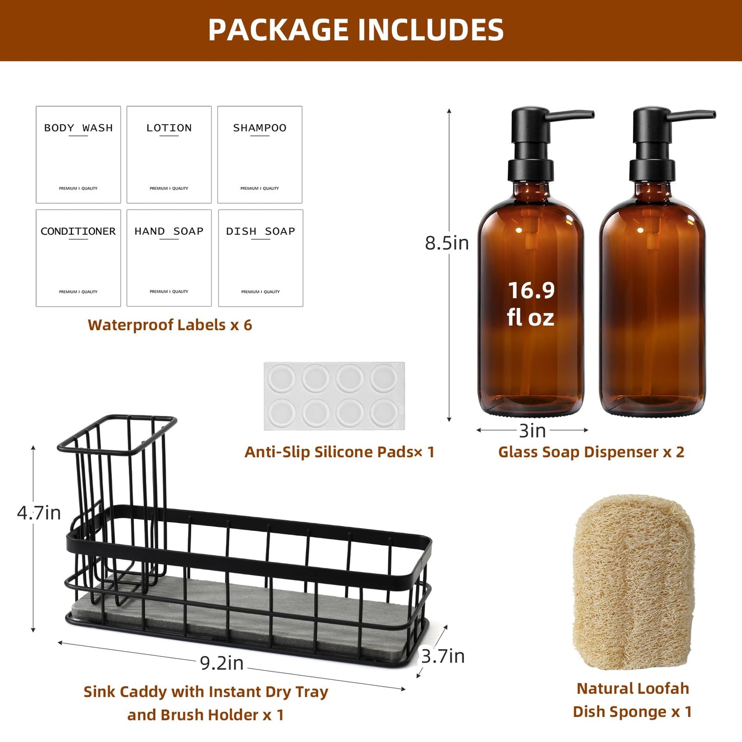 Dish Soap Dispenser for Kitchen, 16.9 fl oz Amber Hand and Dish Soap Dispensers, Kitchen Soap Dispenser Set with Sponge Holder, Brush Holder and Loofah Sponge, Countertop Sink Organizer Accessories