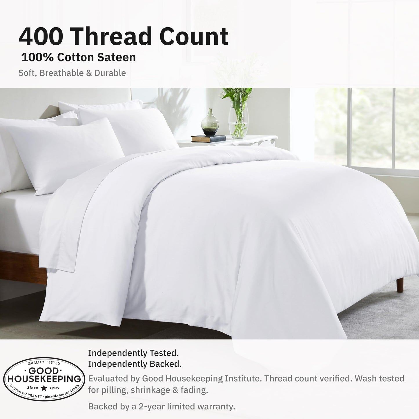 California Design Den 2 Pc Twin XL/Twin Duvet Cover Set - Winner Good Housekeeping Best Bedding Awards 2025, 400 Thread Count Sateen, 100% Cotton Duvet Covers, Button Closure, Corner Ties - White