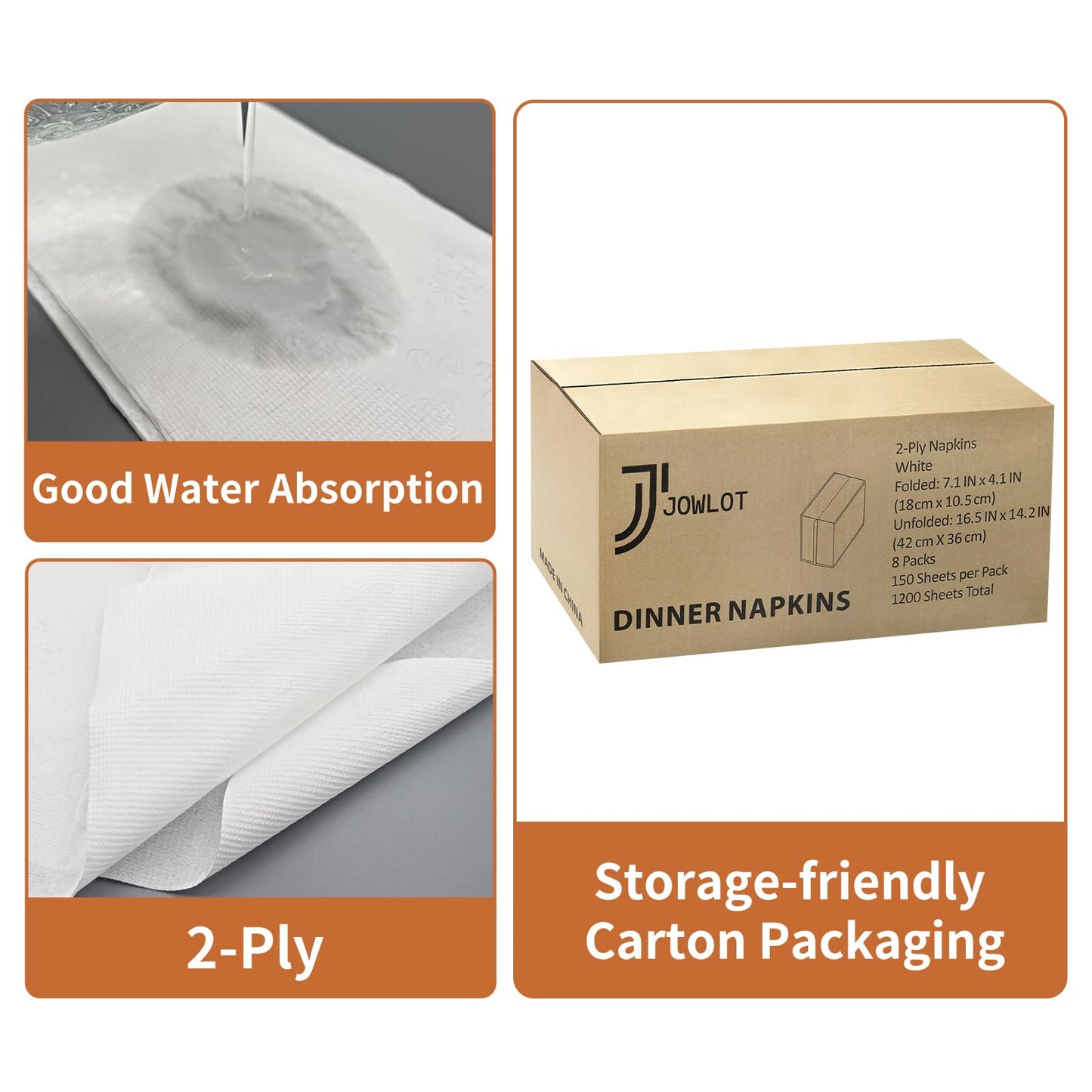JOWLOT Disposable Napkins, 2-Ply 1200 Count Paper Dinner Napkins, White Napkins Bulk for Wedding Party Bathroom and Everyday Use (16.5” x 14.2”)