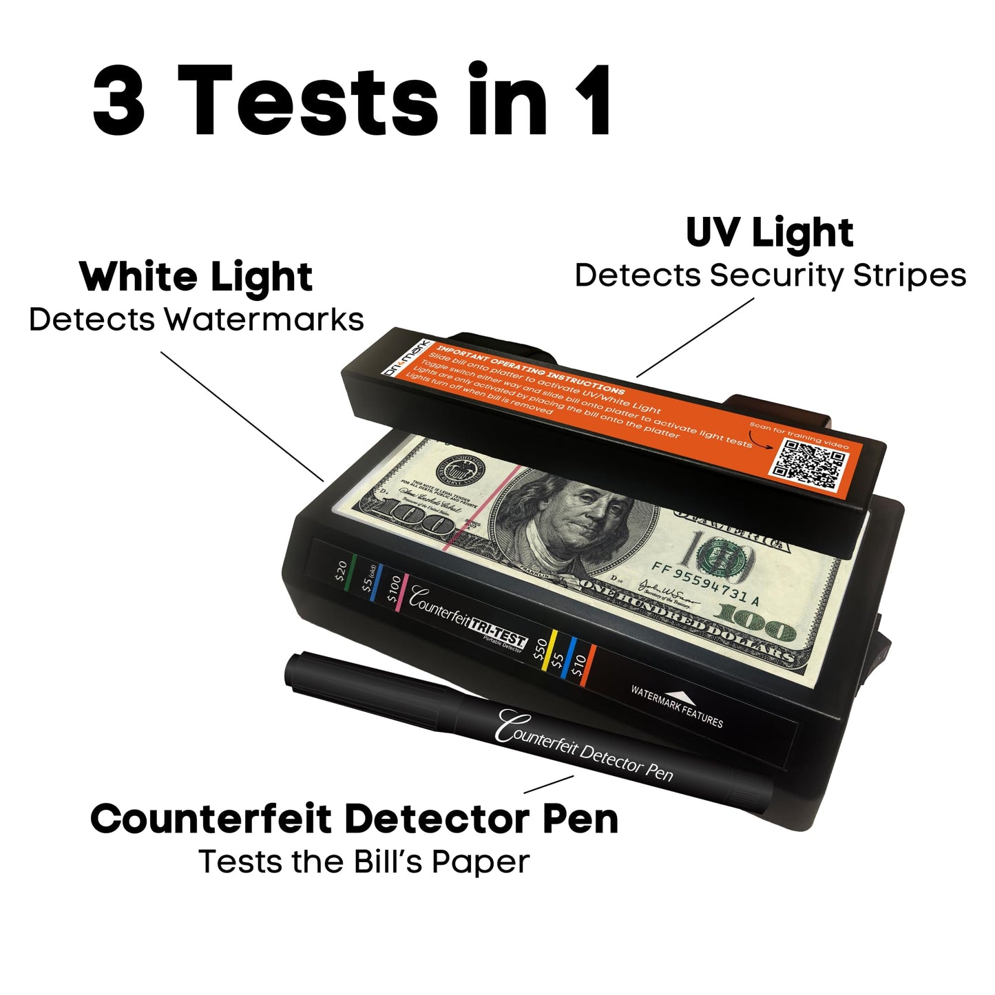 Dri Mark Tri Test - Counterfeit Bill Detector Machine w/AC Adapter - 3 Tests in 1 - Paper, Security Strip and Watermark Tests, Accurate Money Tester Machine with Counterfeit Detection Pen
