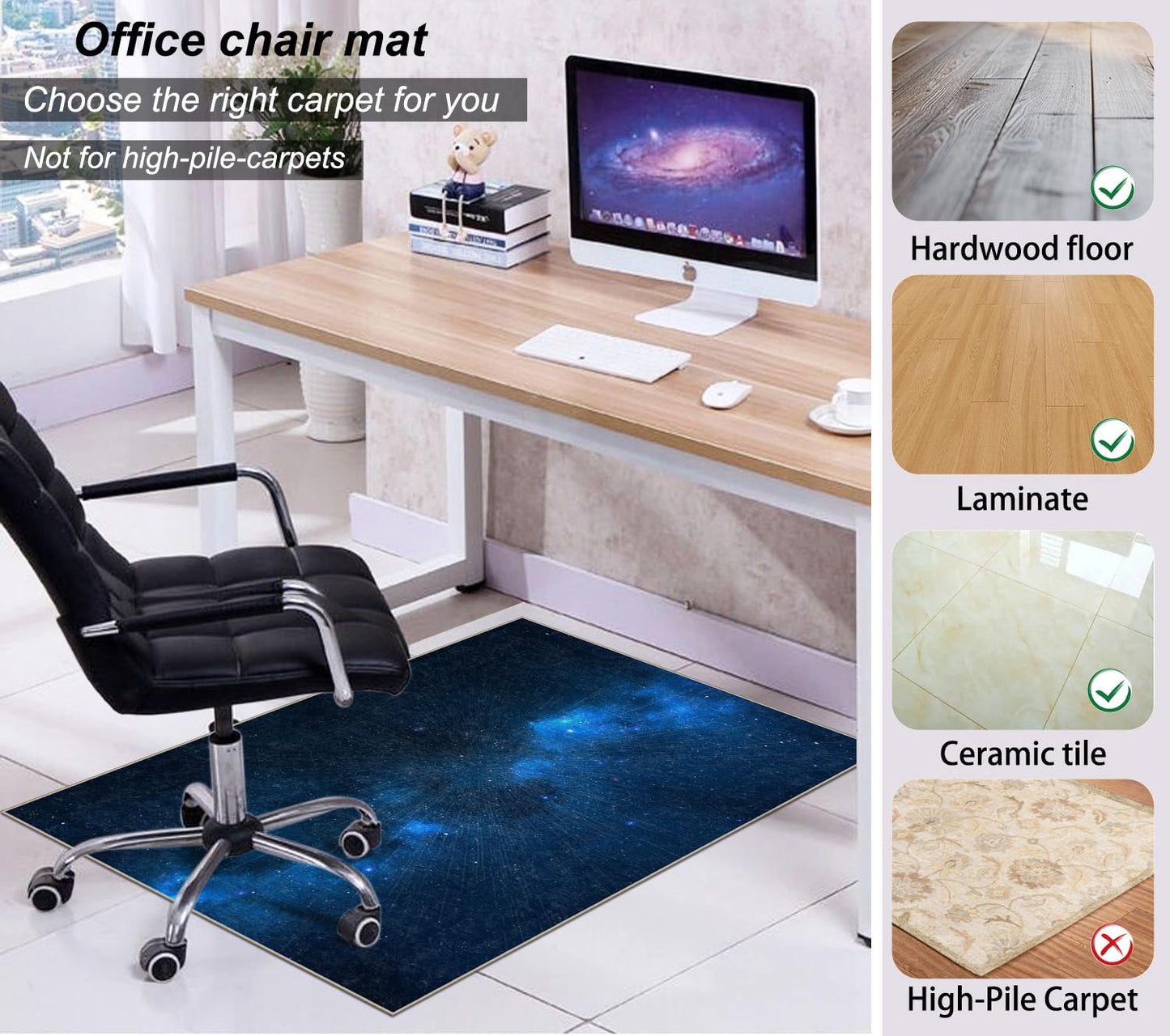 Chair Mat for Hardwood Floor,60"*48" Rolling Computer Chair Mat for Hard Wood and Tile Floor,Anti-Slip Floor Protector for Home Office Blue Starry Sky