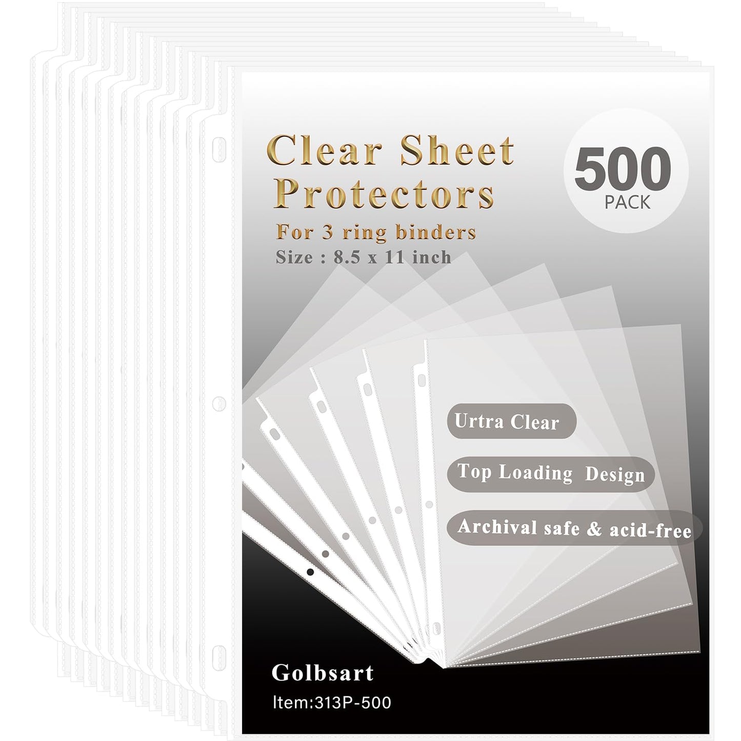 Golbsart Clear Sheet Protectors for 3 Ring Binder, 500 Pack Plastic Sleeves for Paper 8.5x11, Acid Free Page Protectors Sleeves, Top Loading Document Protector Sheets for School Office Home.