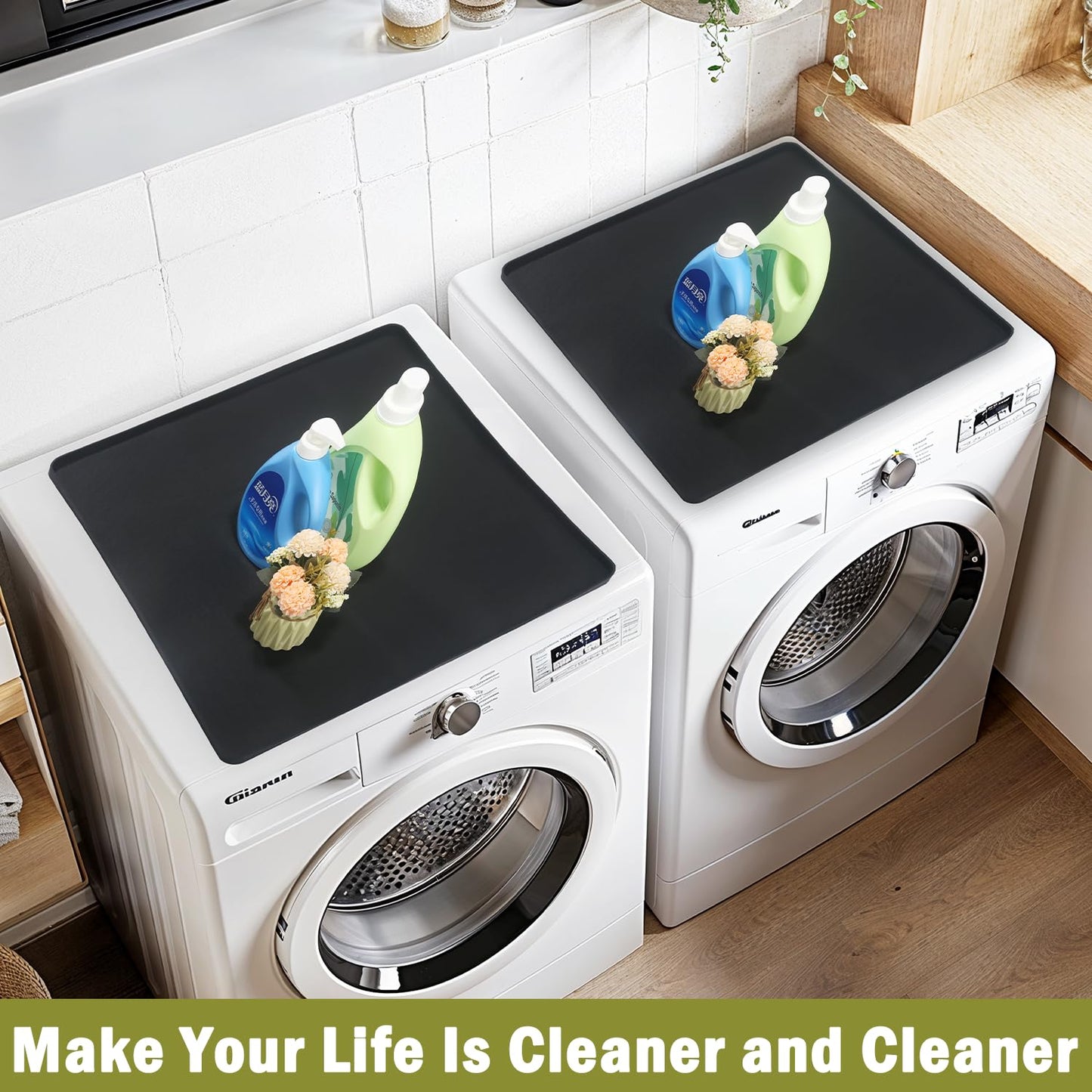 2 PCS Washer and Dryer Covers for the Top 25.6" X 25.6" Silicone Waterproof Washer Dryer Countertop Cover Anti-Slip Washing Machine Cover Washable Washer Dryer Top Protector Mat for Laundry (Black)