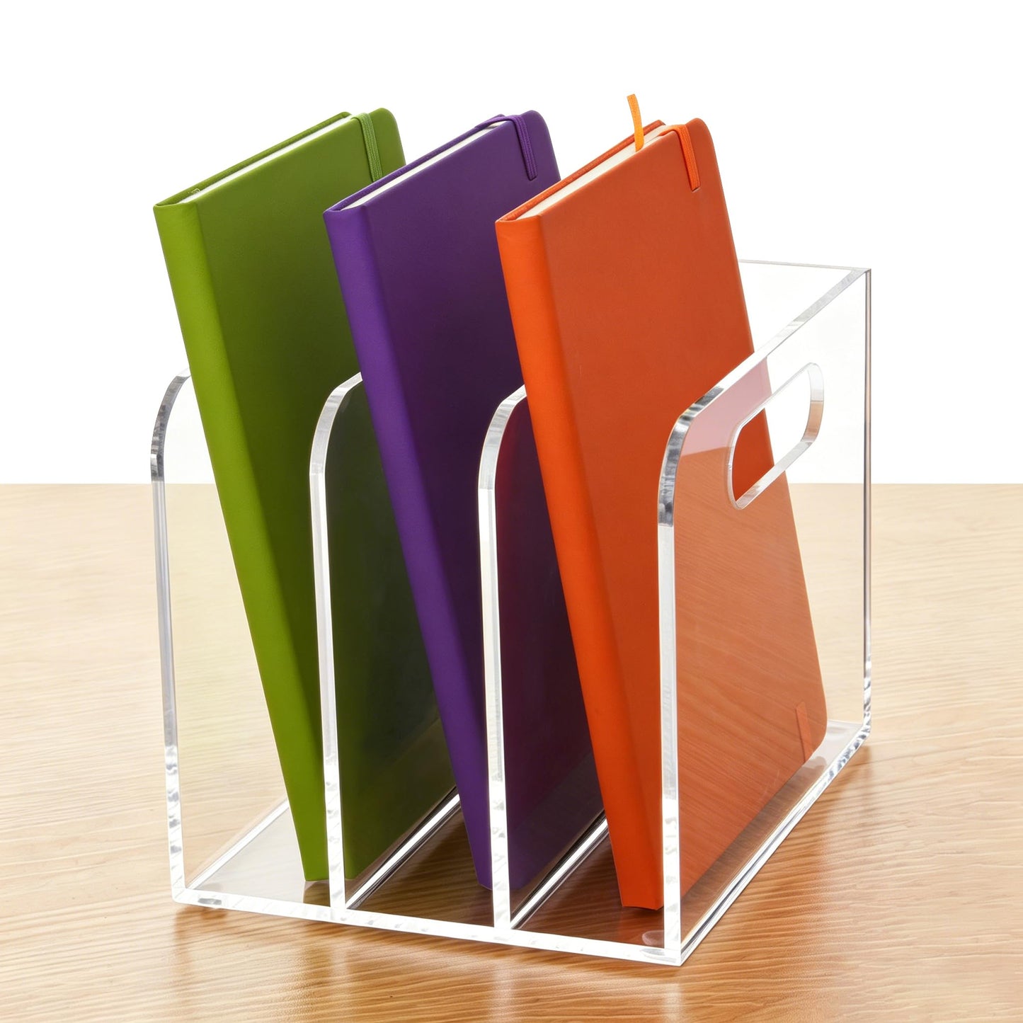 Lovemolly 3-Slot Clear Acrylic Magazine File Holder, Vertical Desk Organizer with Handle – No-Assembly Document Sorter for Office & Home, 7.48 x 6.69 x 6.3 in