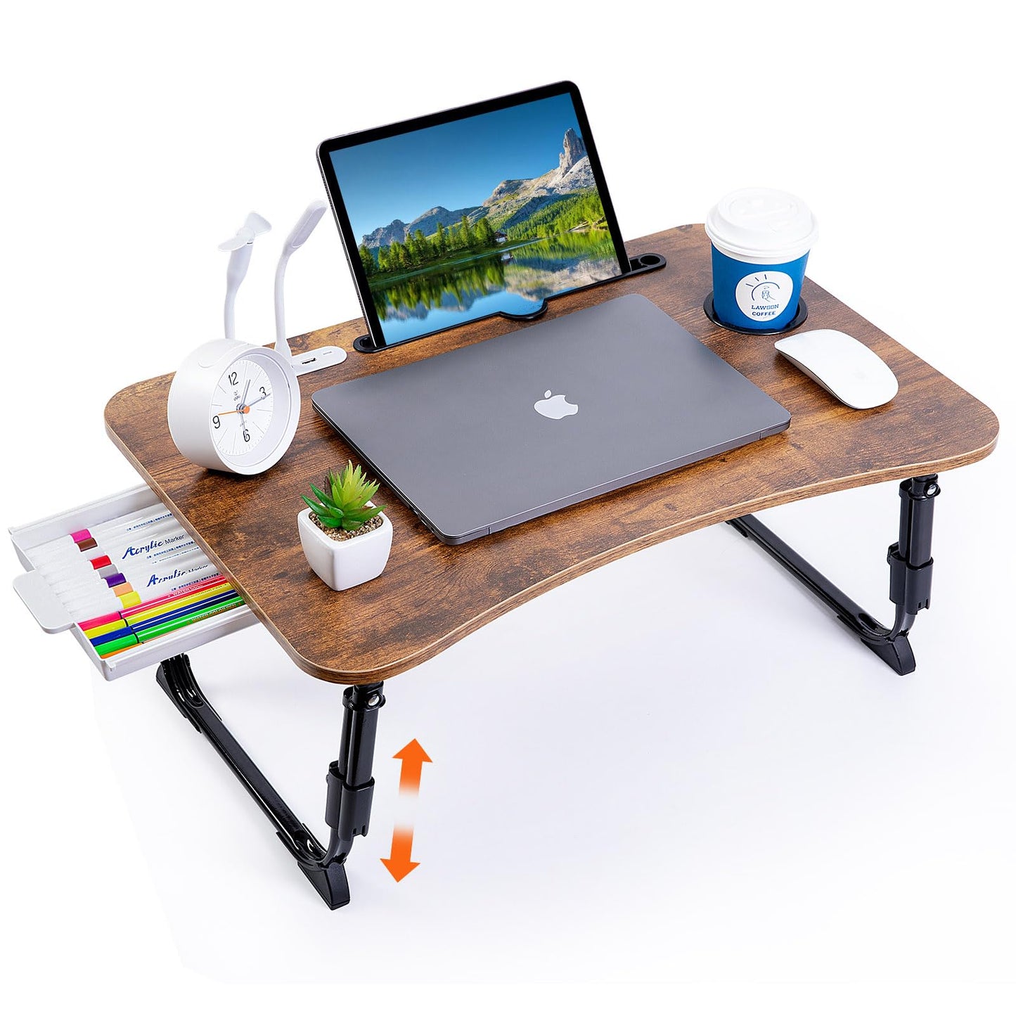 BYMECOST Laptop Desk for Bed, Height Adjustable Laptop Bed Table, Foldable Portable Lap Desk Stand with USB/Storage Drawer/Cup Holder/Slot, Breakfast Tray for Working Reading Writing Eating