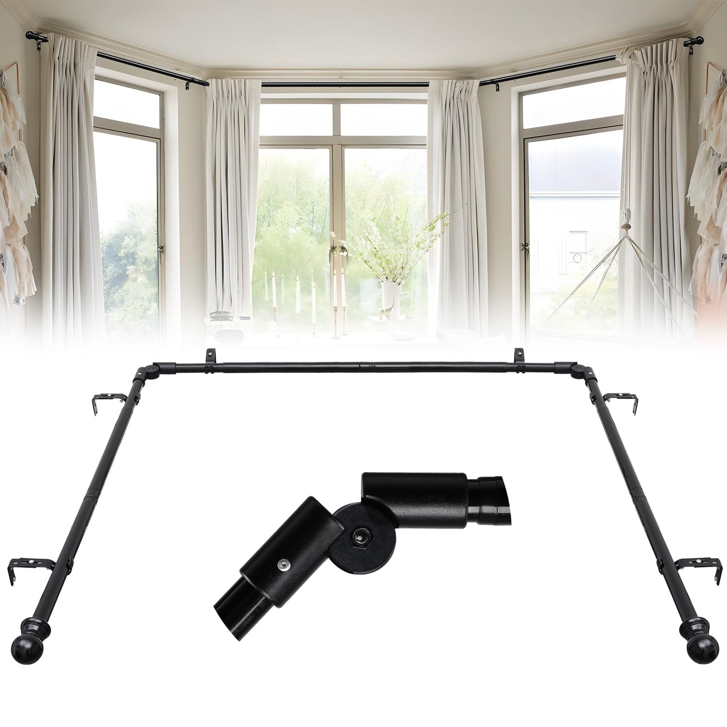 Bay Window Curtain Rods, 1 Inch Heavy Duty Metal U Shaped Corner Curtain Rod, 59-184” Adjustable Curved Curtain Rod for Bay Window Black