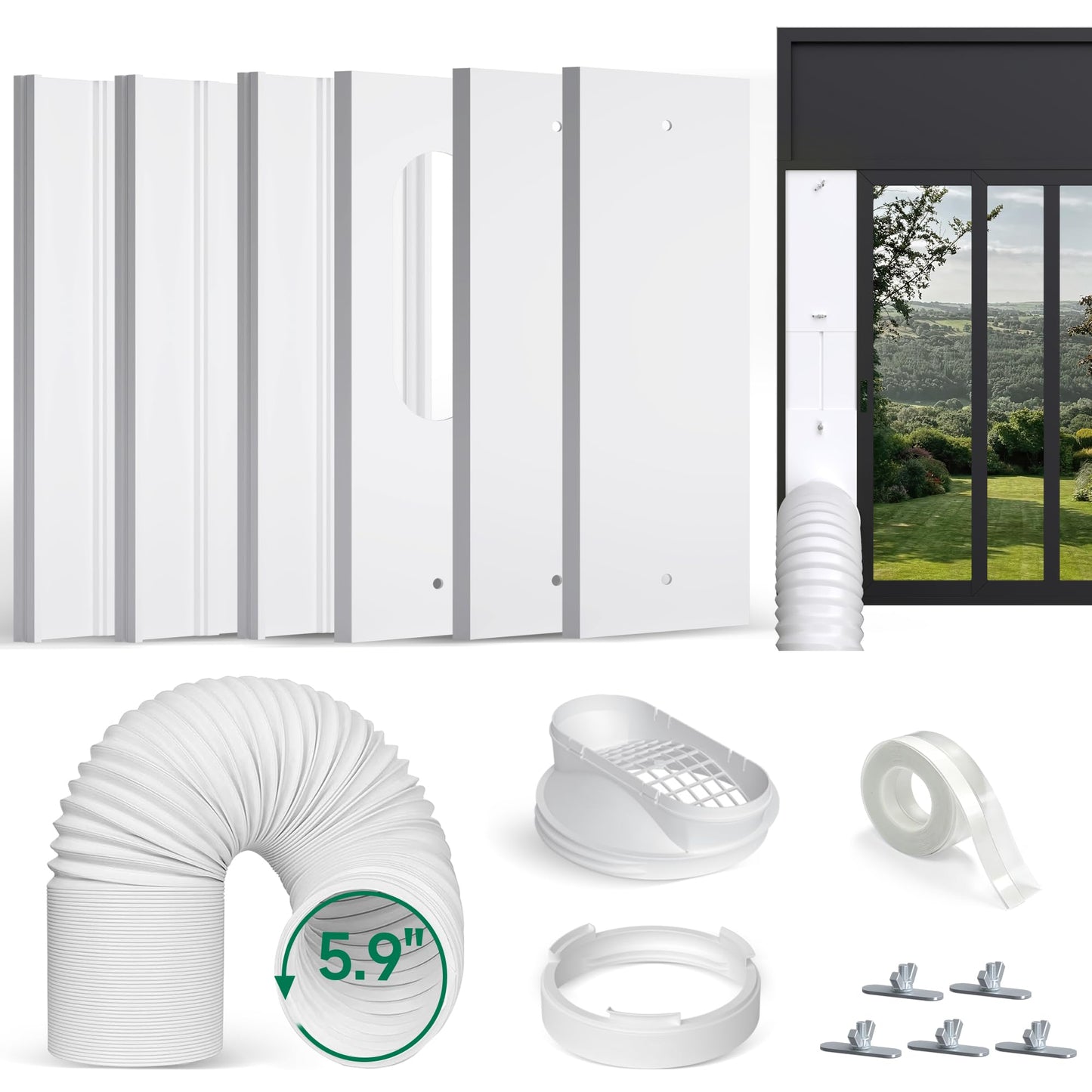 Plusluck Upgraded Portable Air Conditioner Window Vent Kit, With 5.9 Exhaust Hose, 6 Slide Seal Plates, Universal Coupler, Adjustable AC Vent Kit Ducting Universal for Horizontal & Vertical Windows