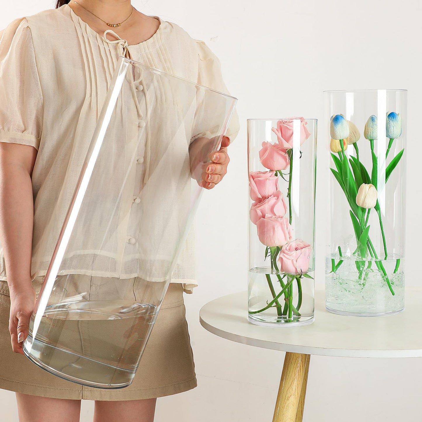 Liotww Extra Large Acrylic Cylinder Clear Vase for Floor, 20 in Tall Big Wide Mouth Plastic Unbreakable Hurricane Flower Vases of 3 for Home Decor (D 8", D 6", D 4.8" + 2 Holder)