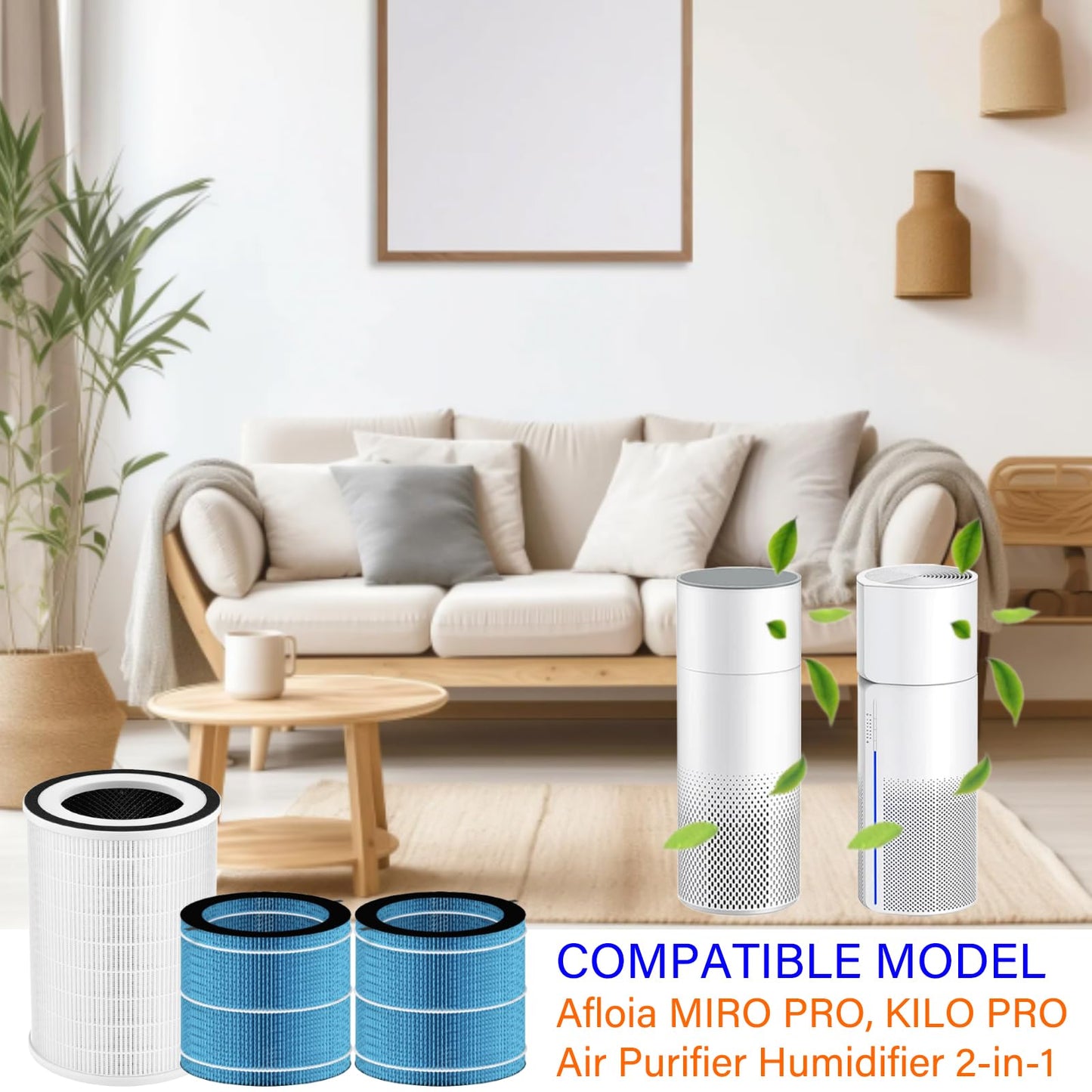 MIRO PRO Replacement Filter Set for Afloia MIRO PRO, KILO PRO Air Purifier Humidifier 2-in-1, H13 True HEPA and 2 Pack Humidifier Wicking Filter