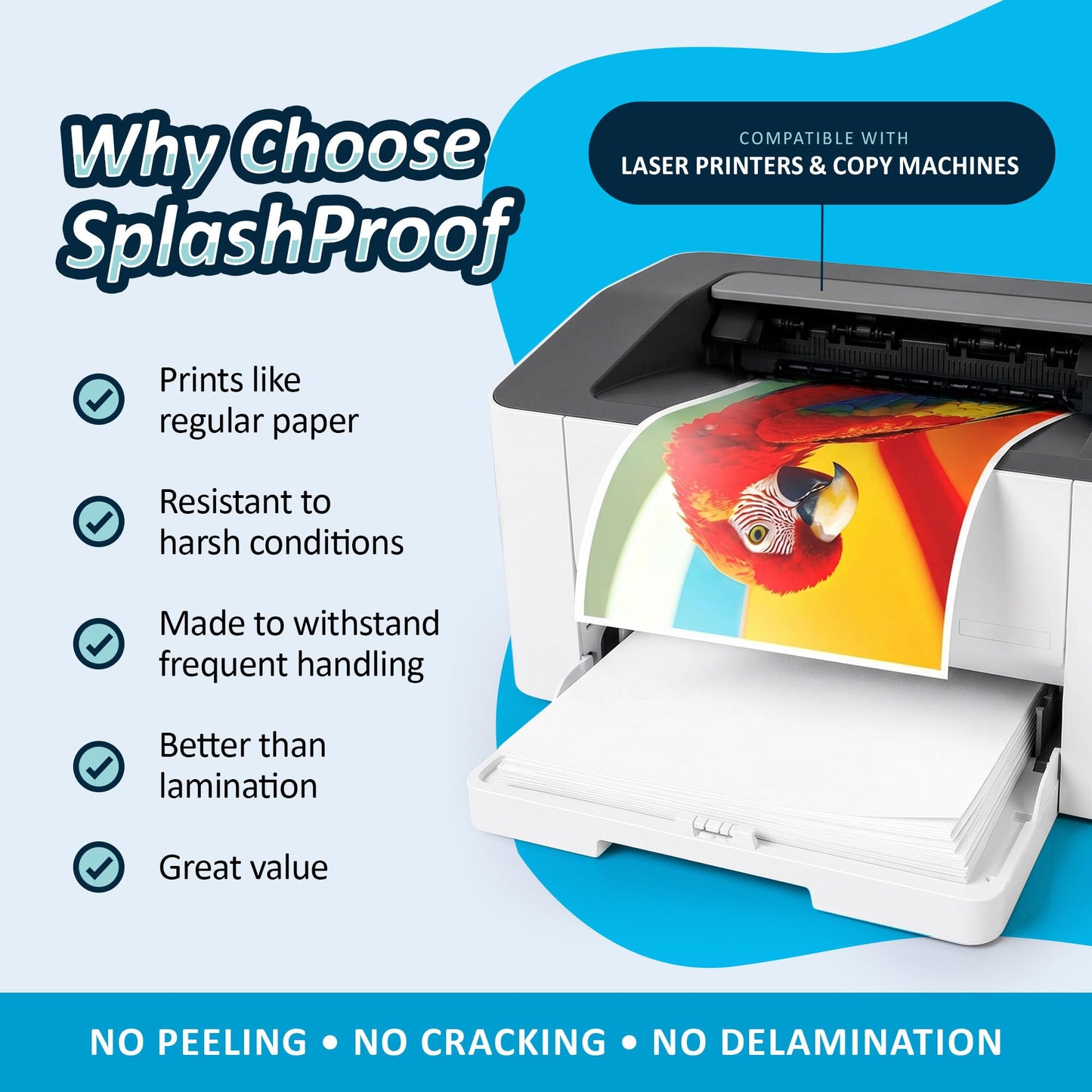 SplashProof Printer Paper - 8.5" x 11", 10 Mil Waterproof Paper, Laser Printer & Copy Machine Compatible (50 Sheets)