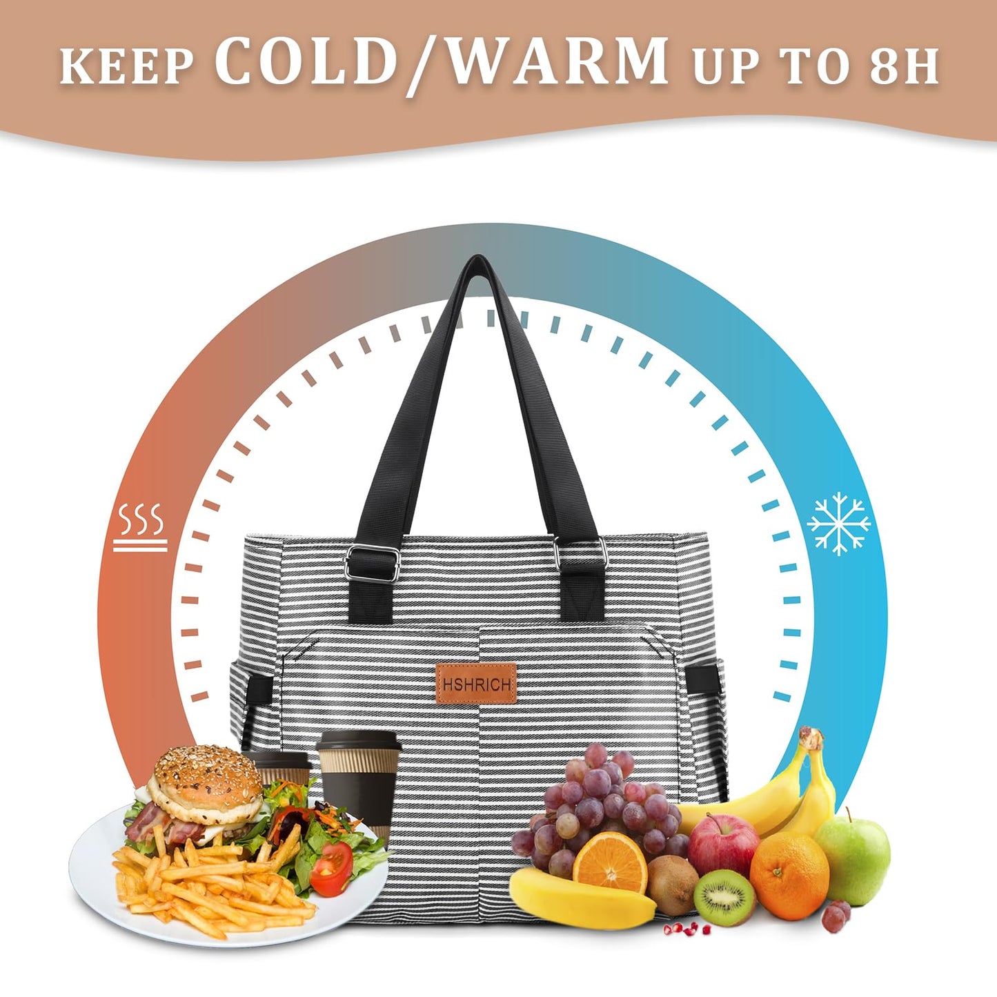Large Women Lunch Bags/Insulated Adult Lunch Box/Leakproof Cooler Lunch Tote Bag with Storage Pocket. Reusable Lunch Purse for Work Picnic Hiking 12L, Stripe