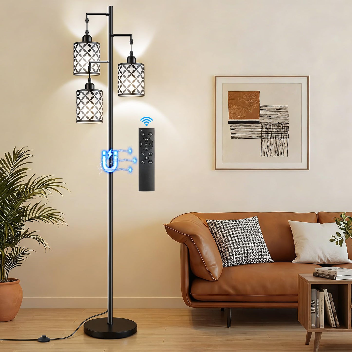 GHOOCEMLUX Dimmable Floor Lamp, Farmhouse Standing Lamp with Elegant Metal Cage, Industrial Tall Tree Floor Lamps for Living Room, Bedroom, Study Room, Office, 3 x 800LM LED Bulbs Included, 72", Black