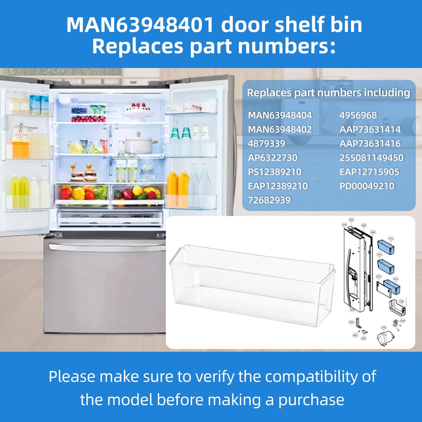 MAN63948401 Refrigerator Door Shelf Bin Compatible with Kenmore LG LFXS26973S LFXC22526D LMXS28626S LMXS28626D LFXC22526S Left Door Bin Basket Shelf Tray, MAN63948404 Fridge Bin Replaces MAN63948402