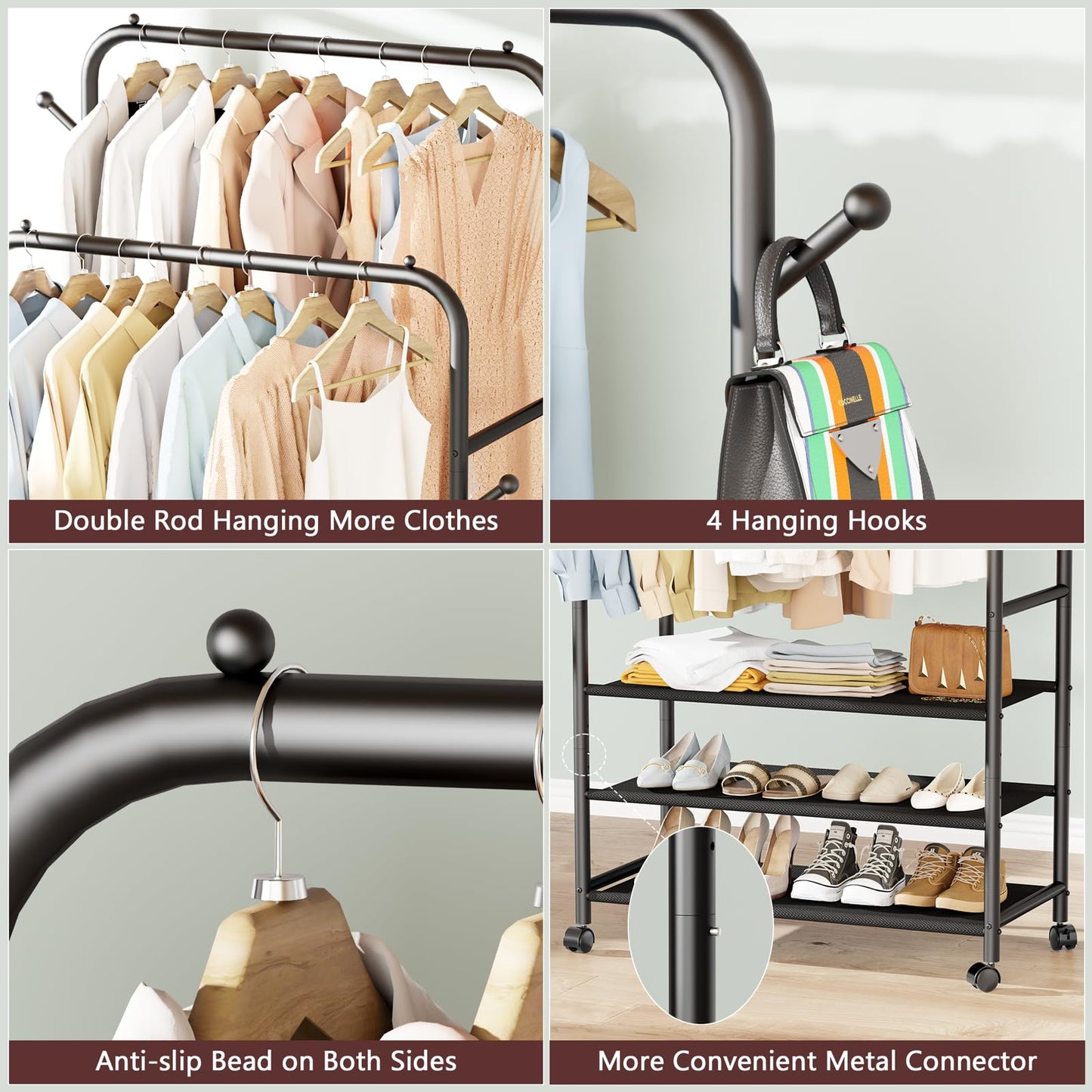 Furologee Clothes Racks for Hanging Clothes, Double Rods Clothing Rack with 3-Tier Storage Shelves, Rolling Garment Wardrobe with Wheels, Portable Free Standing Closet for Bedroom, Laundry Room, Black