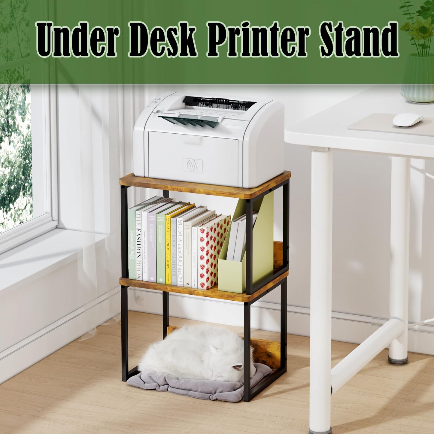 MARTY Desktop Printer Stand 2 Pack Printer Stand with Storage for Desk, Shelf Organzier for Home/Office Printer Riser Under Desk Small Table for Fax Machine Scanner(Rustic Brown)