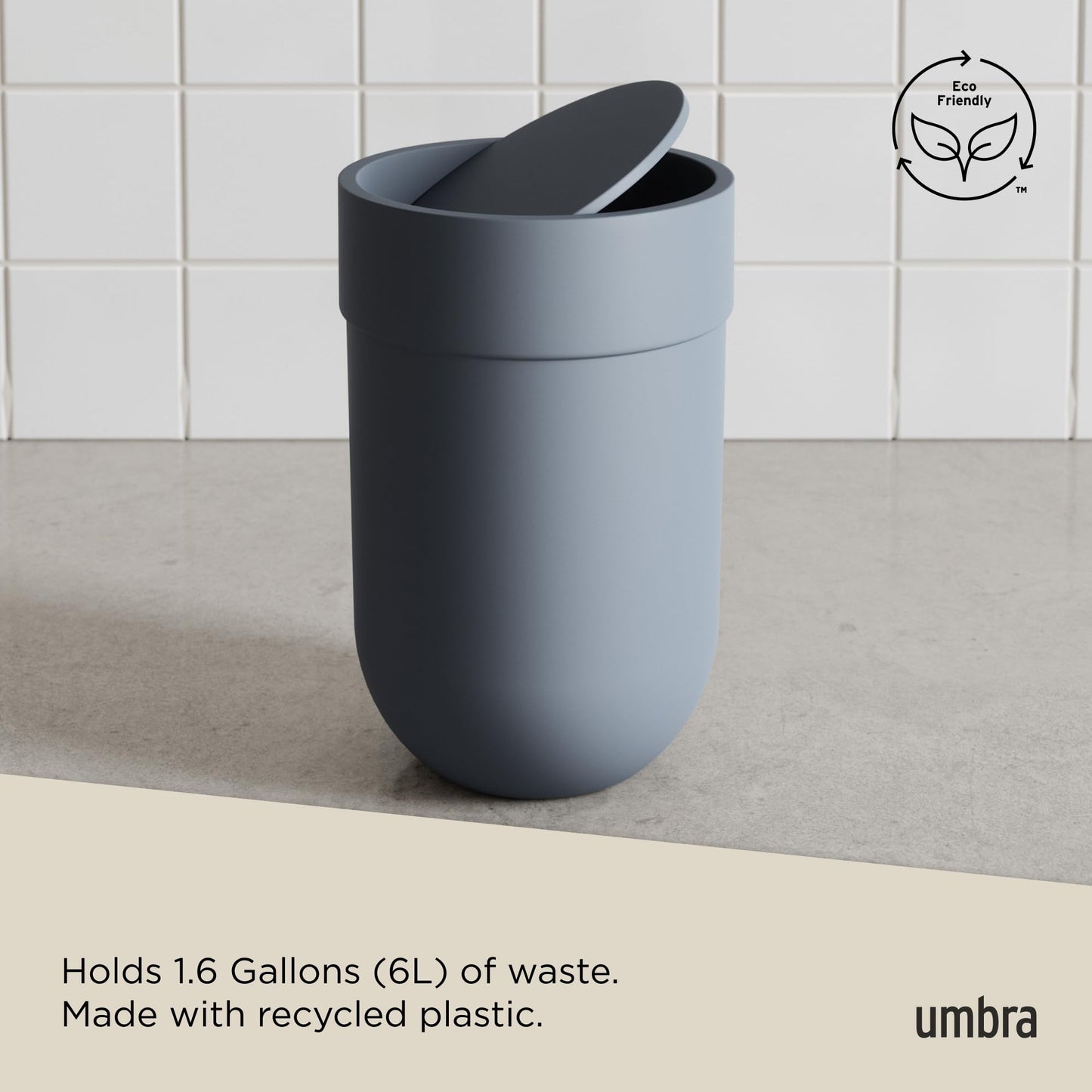 Umbra Touch Trash Can, Small Garbage Bin Waste Basket with Lid for Bathroom, Slate Blue