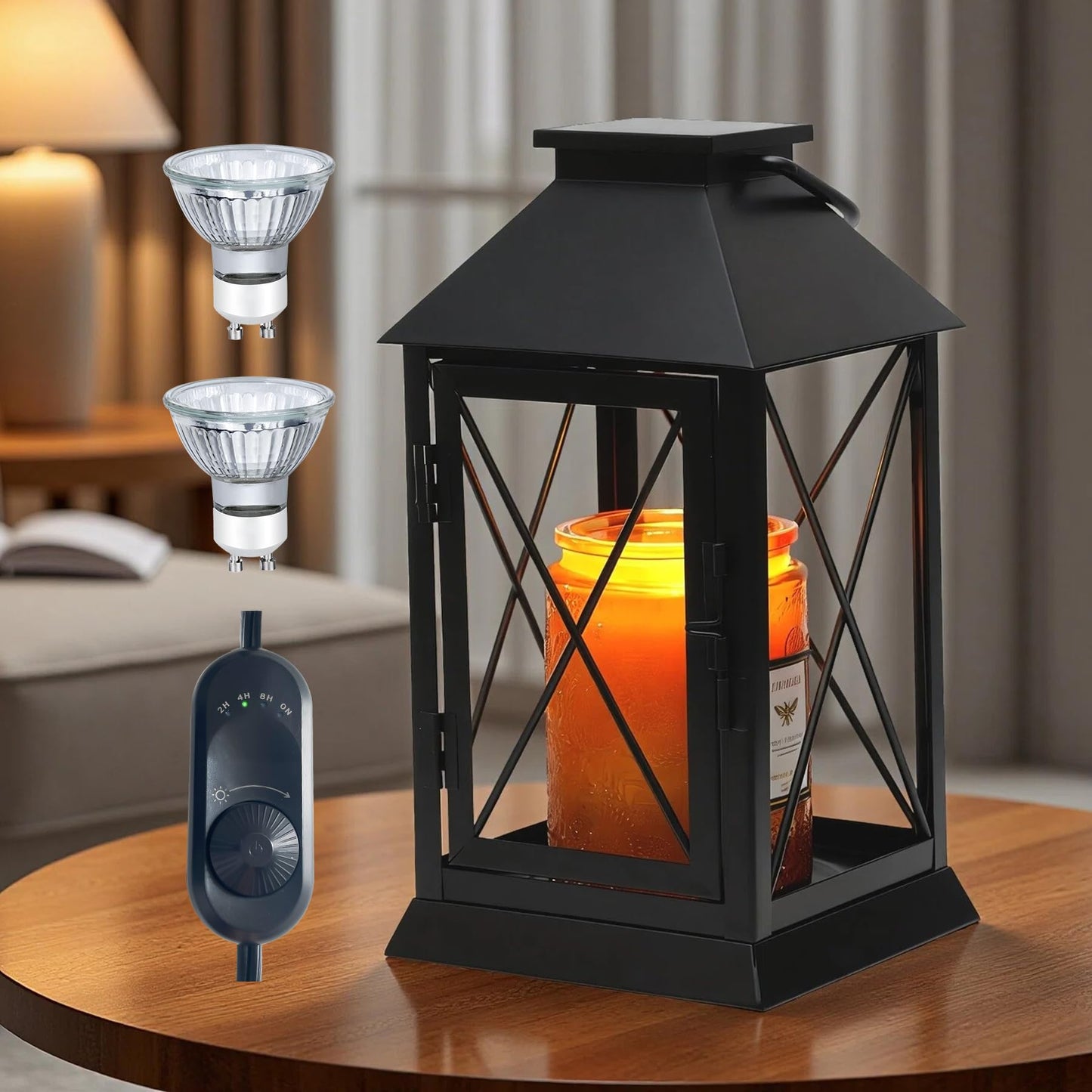 Aaffkaa Candle Warmer Lamp with Timer Dimmable,Compatible with 3 Wick Candle/Large Candle,Vintage Lamp Candle Warmer Lantern Farmhouse Style,Fully Enclosed Designed and Hanging Up-Black