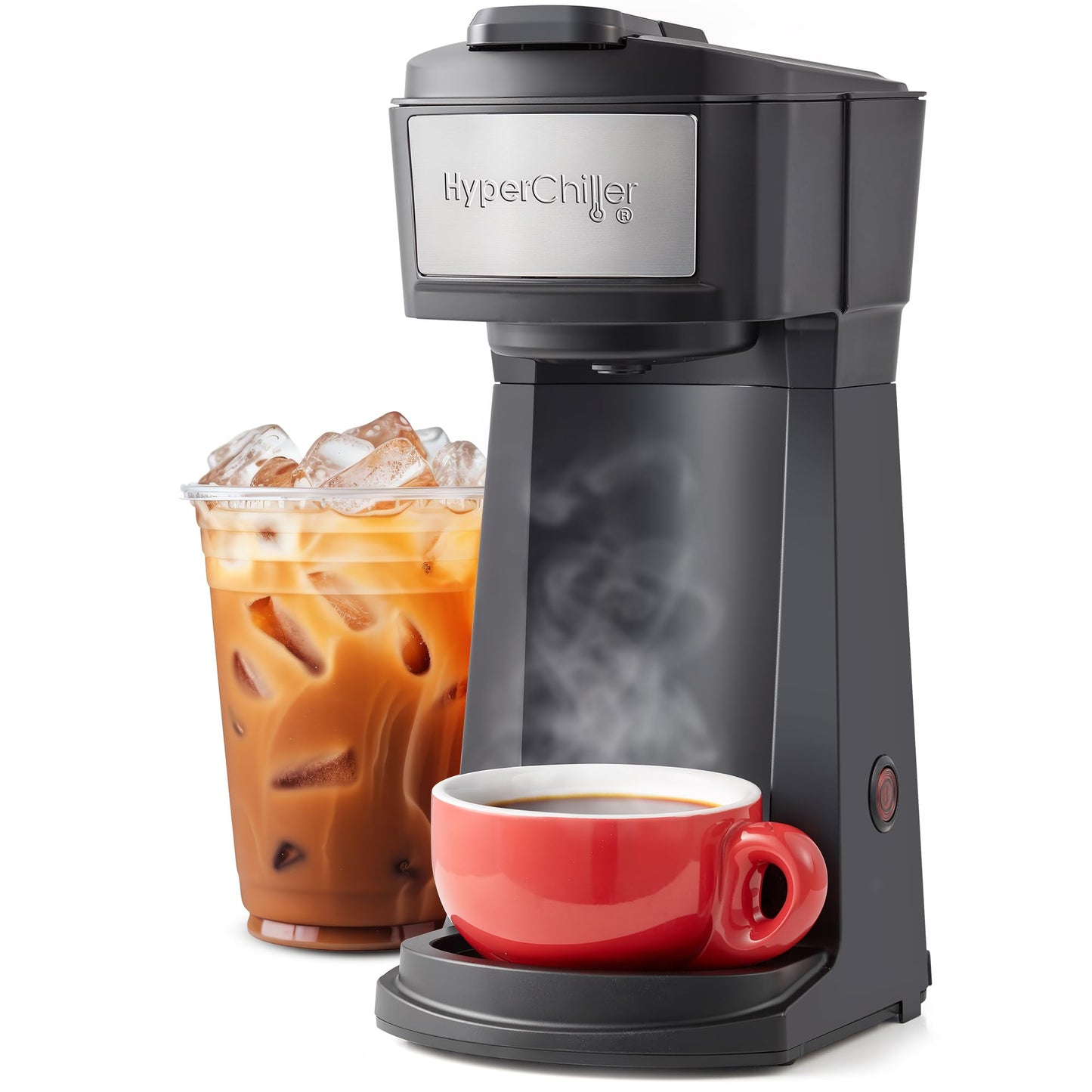 Elite Gourmet HyperChiller EHC210N Iced/Hot Coffee Maker, K-Cup or Coffee Grounds, 8, 10 or 12oz Pours, Removable K-Cup Holder and Reusable Mesh Filter, Drip tray, Black/Stainless-Steel