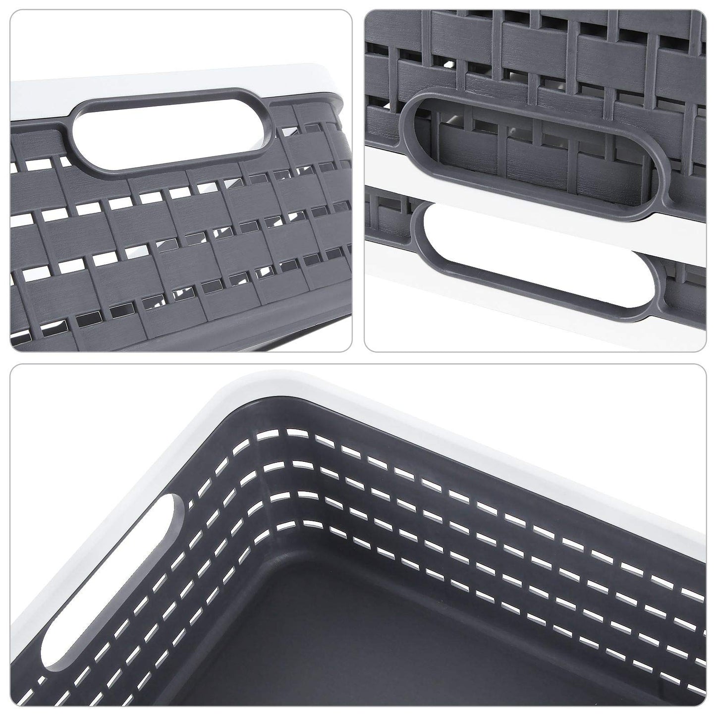CertBuy 3 Pack Plastic Storage Baskets 14 x 10 x 4.5 Inch, Large Weave Storage Bins with Handle for Cabinet, Shelf, Kitchen, Bedroom, Bathroom and office – Dark Grey