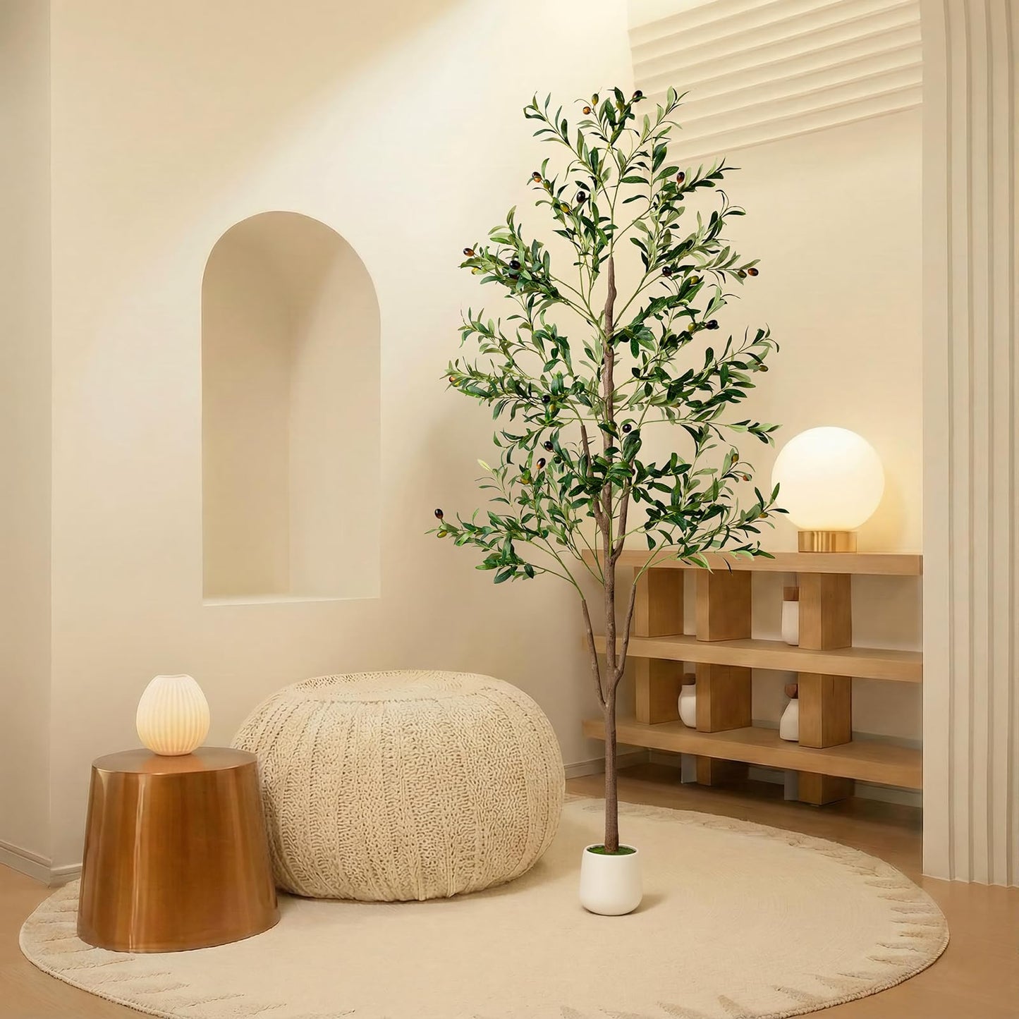 Olive Tree, 6FT Tall Faux Olive Tree with Moss and Planter, Olive Trees Artificial Indoor with Realistic Wood Trunk and Lifelike Fruits, Fake Olive Tree for Home Office Living Room Decor