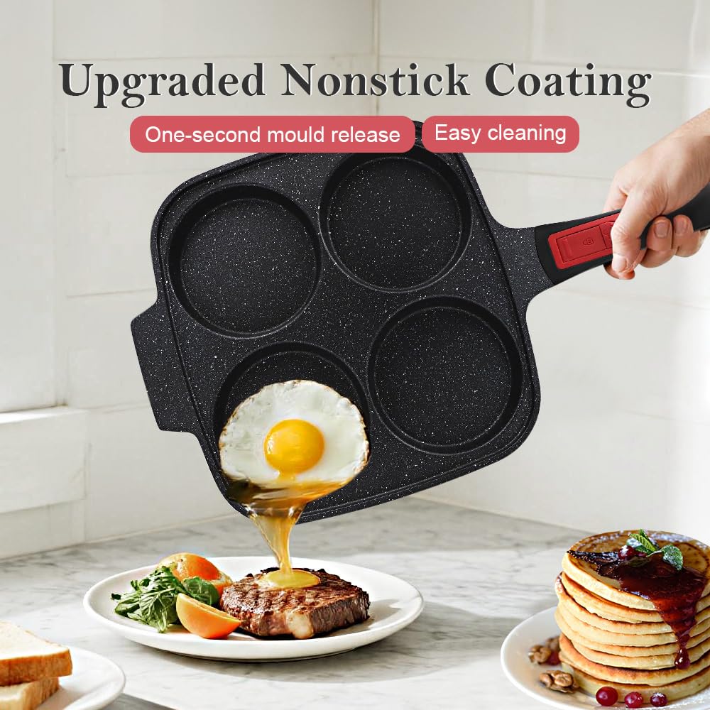RANX INGST 10 inch Large Egg Pan with Lid, 4-Cup Pancake Pan Nonstick Omelette Skillet with Detachable Handle Induction Compatible - Black