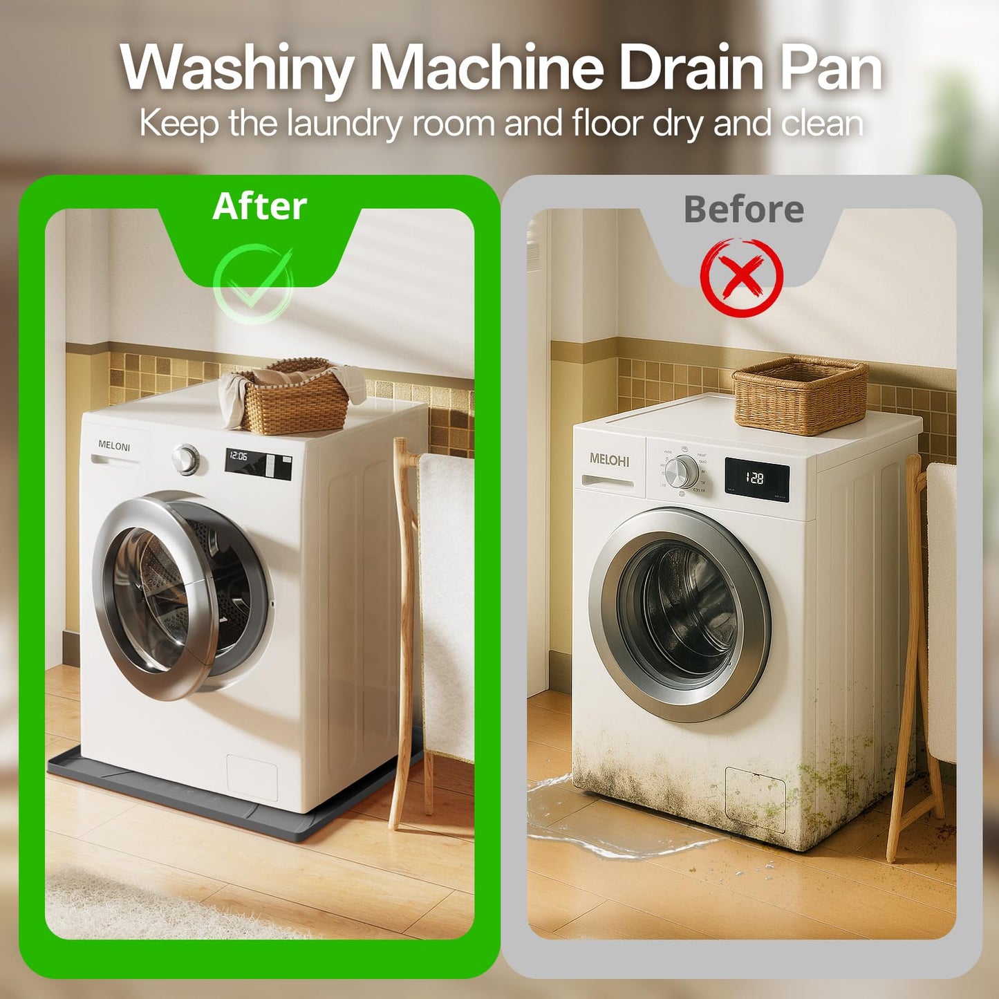 Washing Machine Drain Pan Silicone mat – 30x33 Inch Non-Slip Waterproof Washer Drip Tray, Anti-Vibration Soft Mat for Under Dryer or Washer, Floor Leak Protector for Laundry Room