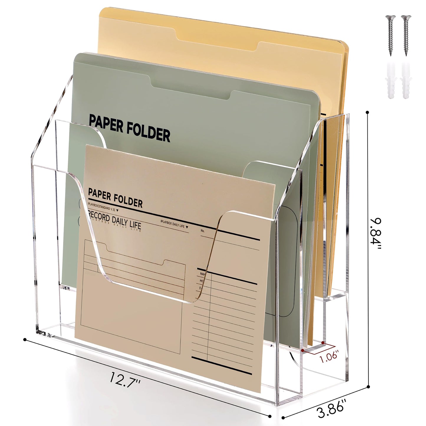 Tfirhuoe Wall Hanging File Folder Organizer for Desk, 3-Tier Acrylic Magazine Rack Wall Mount File Holder, Clear Paper Document Office Organizer - 1 Pack