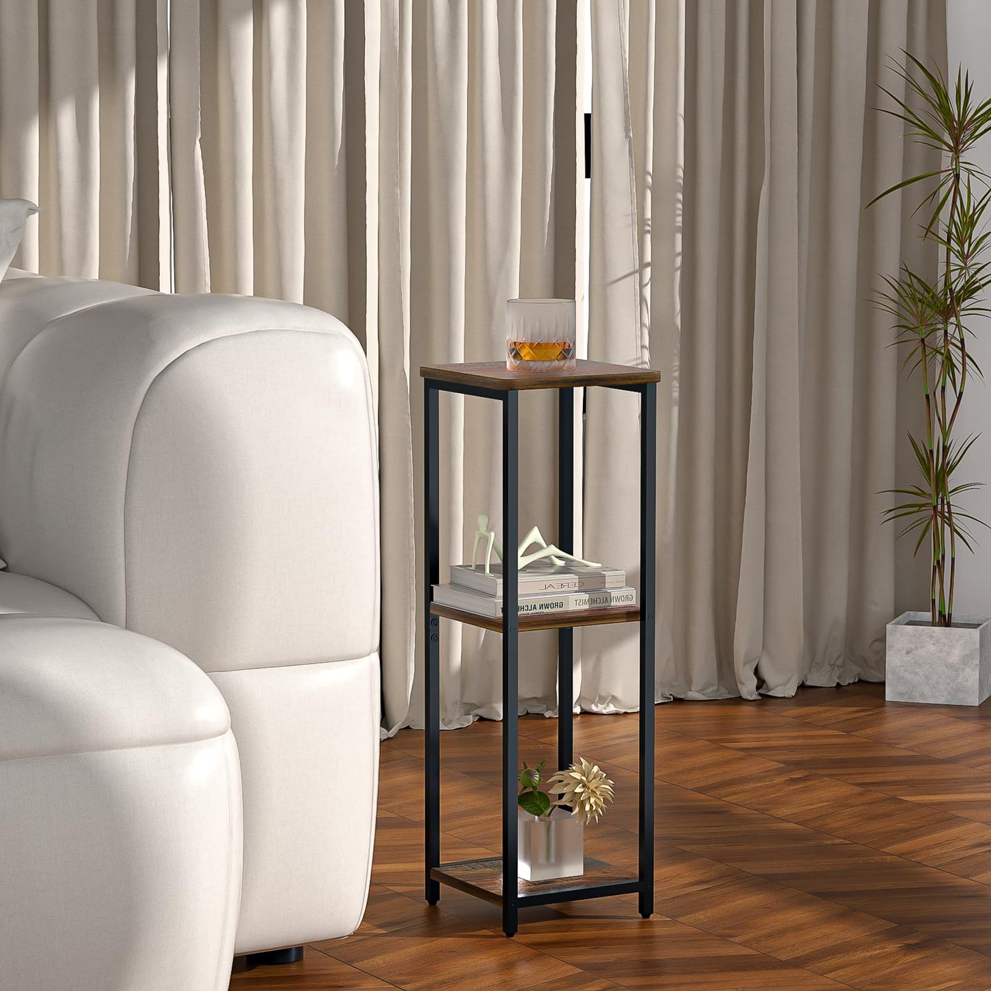 GHIMIGN 10" Wide Square Drink Table with Adjustable Feet - 3-Tier Small Side Table for Apartments, Balcony & Office | Space-Saving, Lightweight & Multi-Functional (Plants, Books, Drinks)