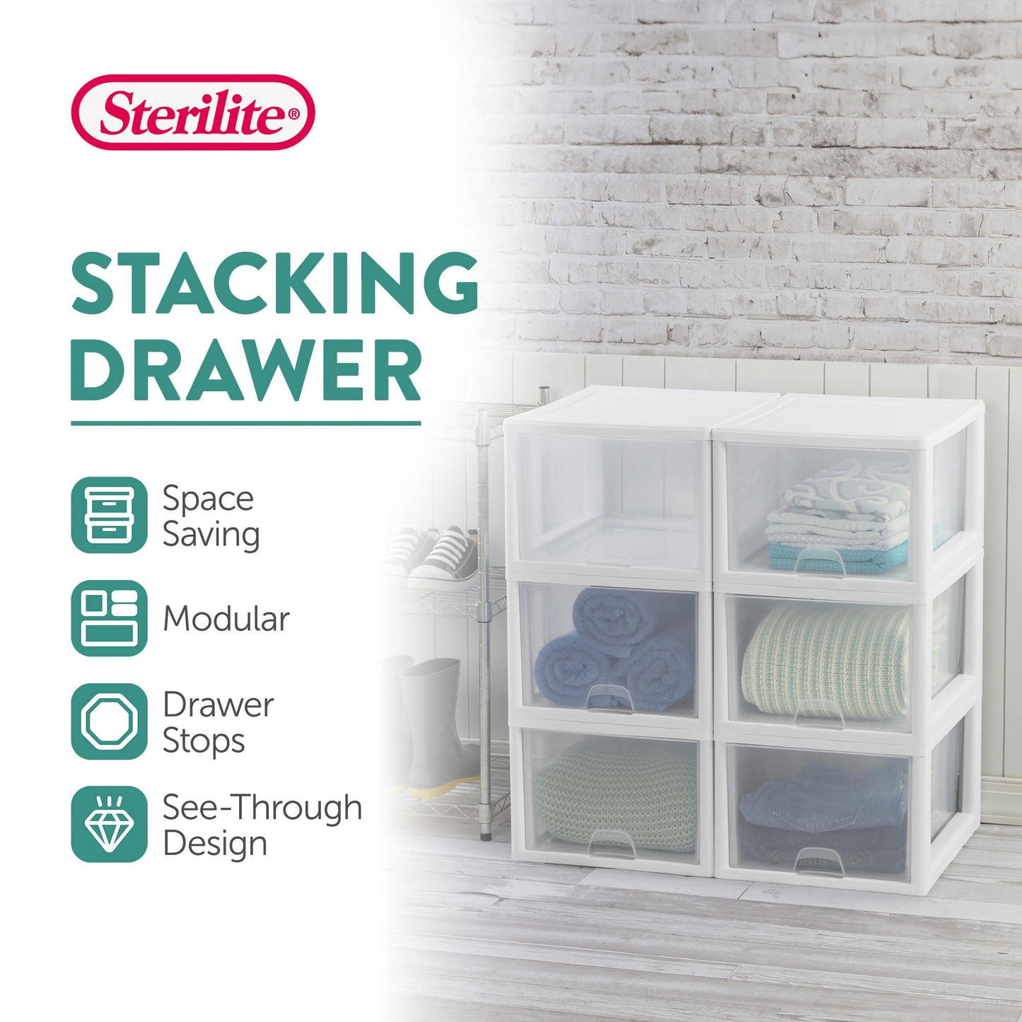 Sterilite 4-Pack Stacking Drawer, Clear Storage Organizer Containers, 27 Quart, White Frame - Stackable and Modular Plastic Drawers for Shoes, Clothes, Accessories, Supplies, Bedding, and Linens