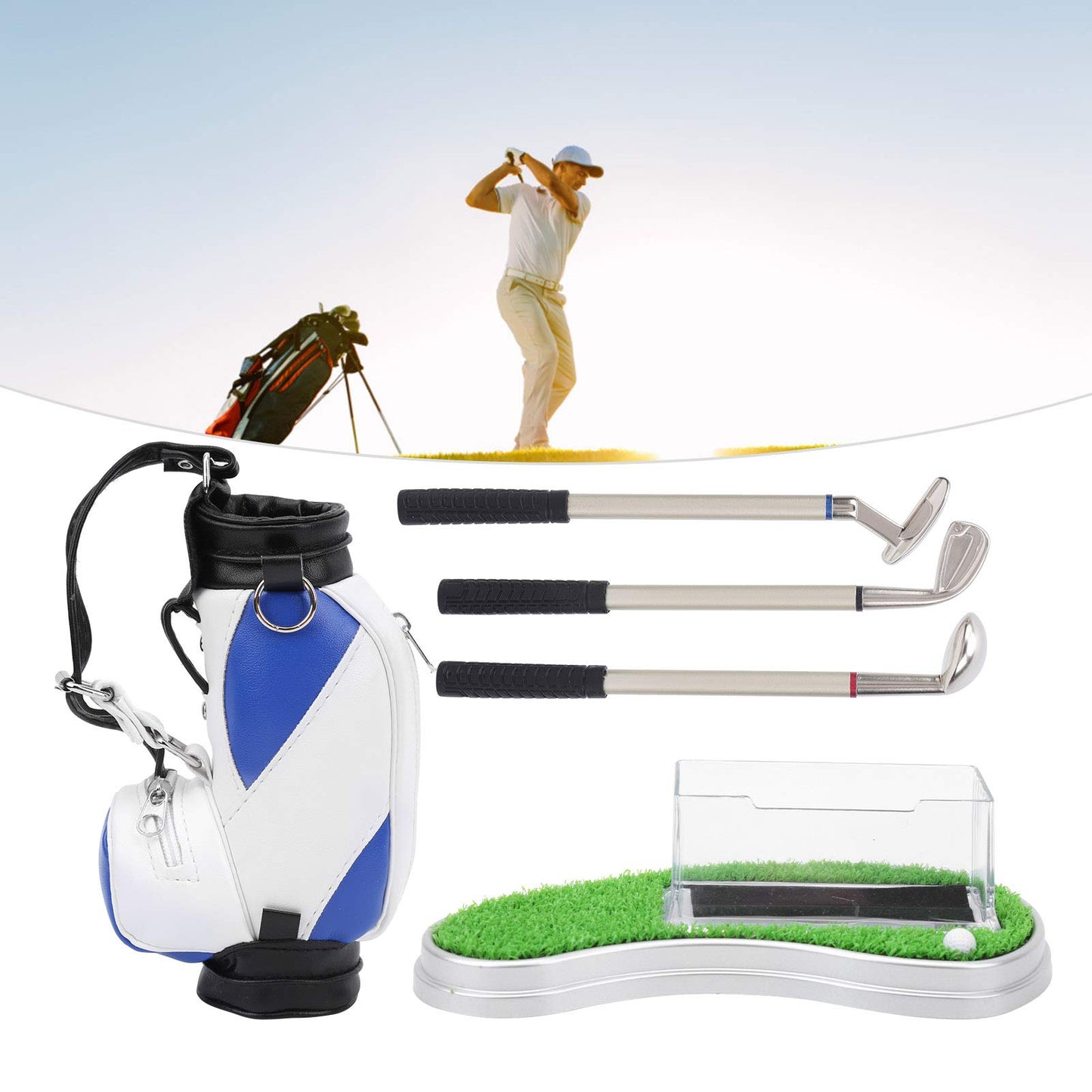 Alomejor Office Desk Golf Bag Pencil Holder with Golf Pens Business Card Box Base for Golf Souvenirs Gifts