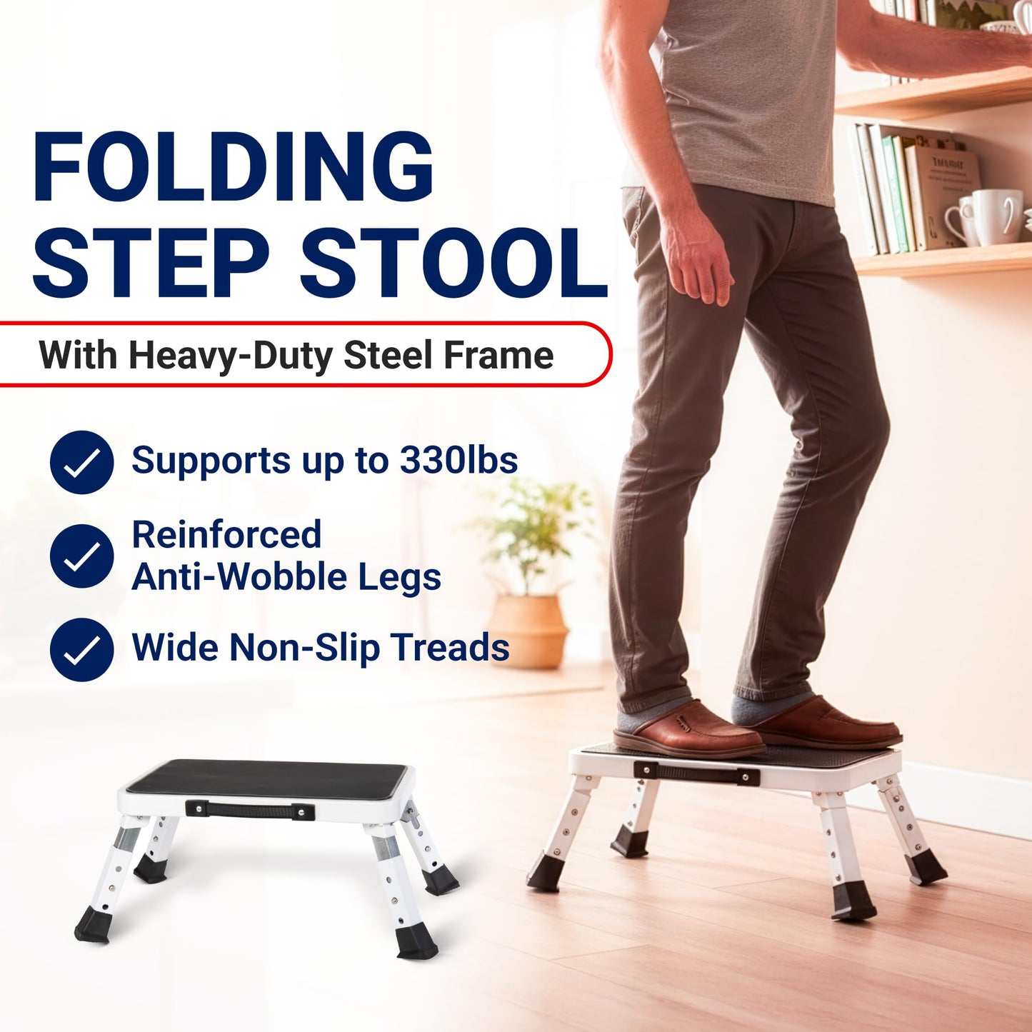 Arrigo Folding Step Stool with 3 Adjustable Heights – 330lb Capacity, Wide Anti-Slip Treads – Compact, Portable & Collapsible – Foldable Bed Stairs, Kitchen Ladder & Foot Stool for Adults
