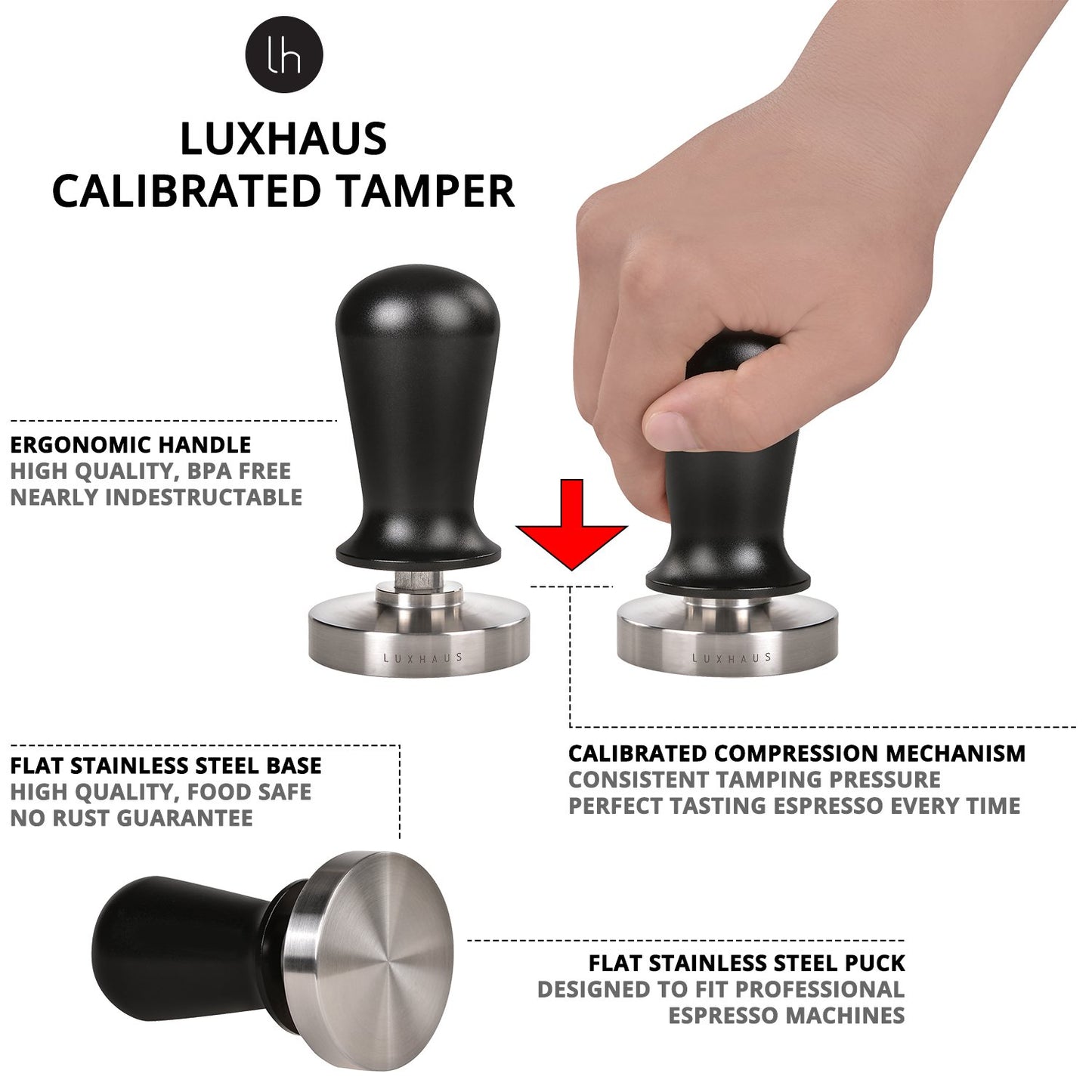 LuxHaus 51mm Calibrated Coffee Tamper for Espresso Machine with Spring Loaded 100% Flat Stainless Steel Base