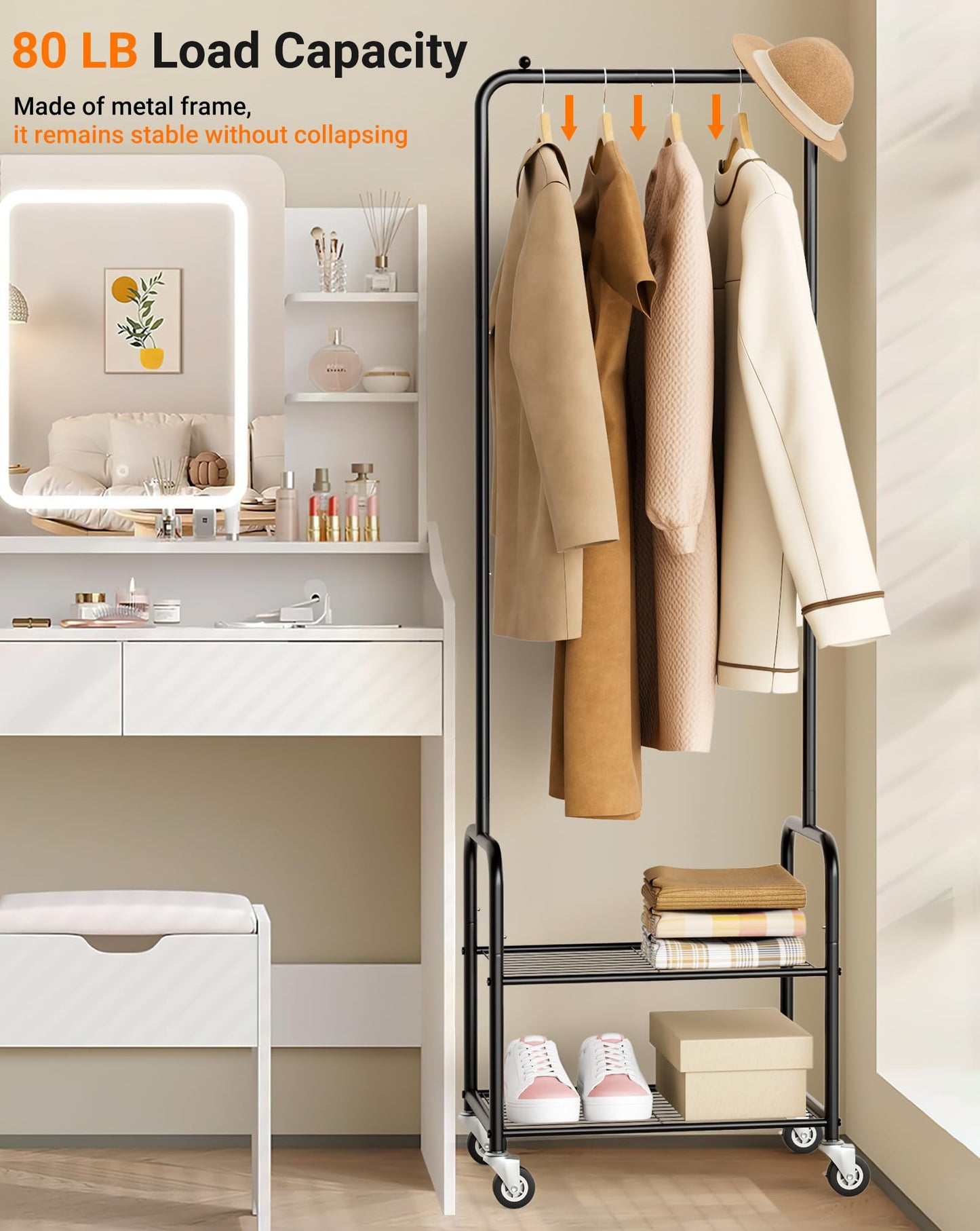 AOODA Small Clothes Rack with Shelves, Metal Sturdy Rolling Clothing Racks for Hanging Clothes, Portable Garment Rack with Wheels for Shirts, Coats, Shoes, Bags (Black)