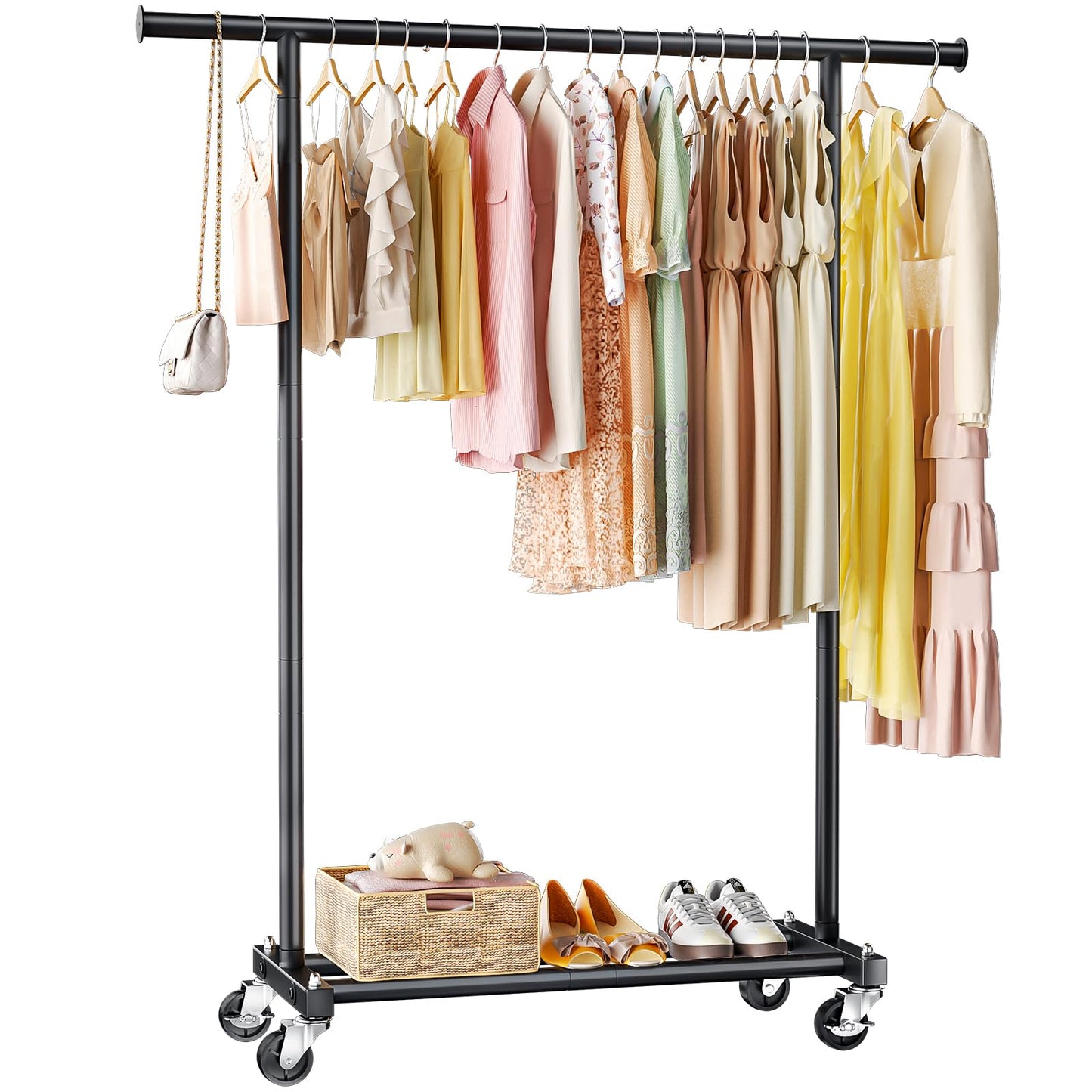 JIEJIERUI Clothing Rack for Hanging Clothes, 45" Wide Rolling Clothes Rack, Metal Garment Hanger Rack with Wheels, Portable Coat Rack Wardrobe Rack for Bedroom Laundry, Black