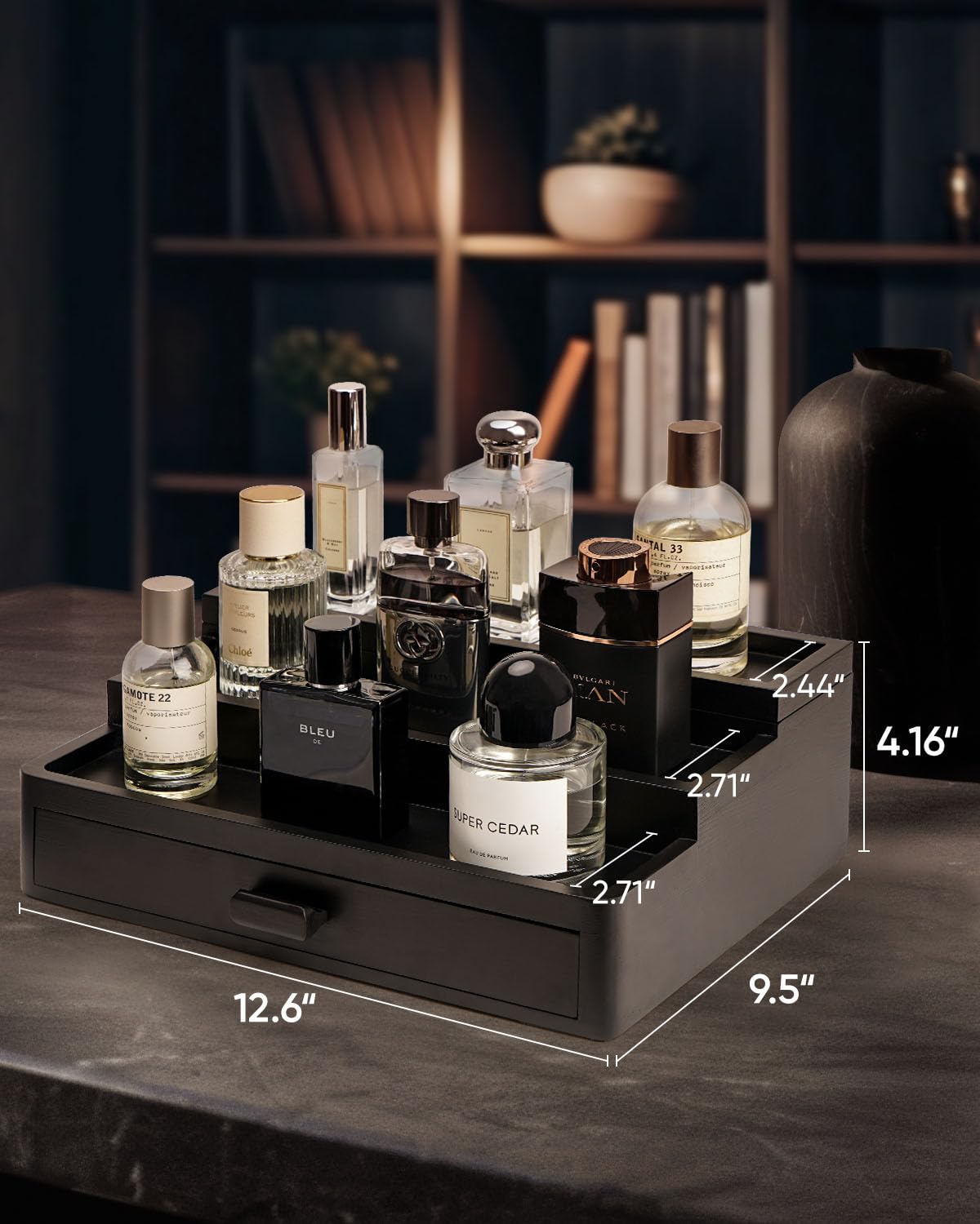 BRITEREE Cologne Organizer for Men, 3 Tier Wooden Cologne Stand with Drawer Storage and Hidden Compartment, Perfume Display Holder for Dresser, Great Gifts for Him Dad Fathers Day, Black