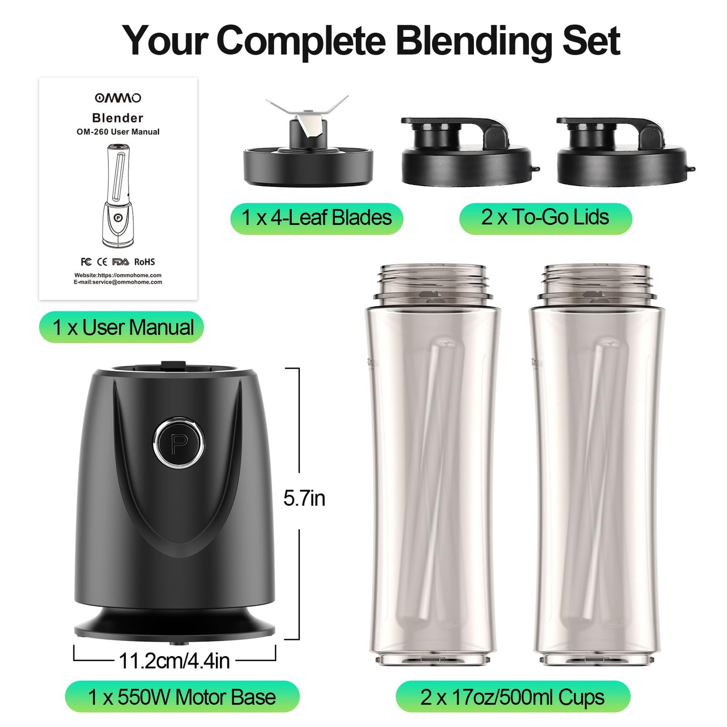OMMO 500W Personal Blender for Smoothies, Milkshakes and Juices with 4-Fin Blades, 17oz BPA-Free Tritan Portable Cup, Powerful Single-Serve Kitchen Blender