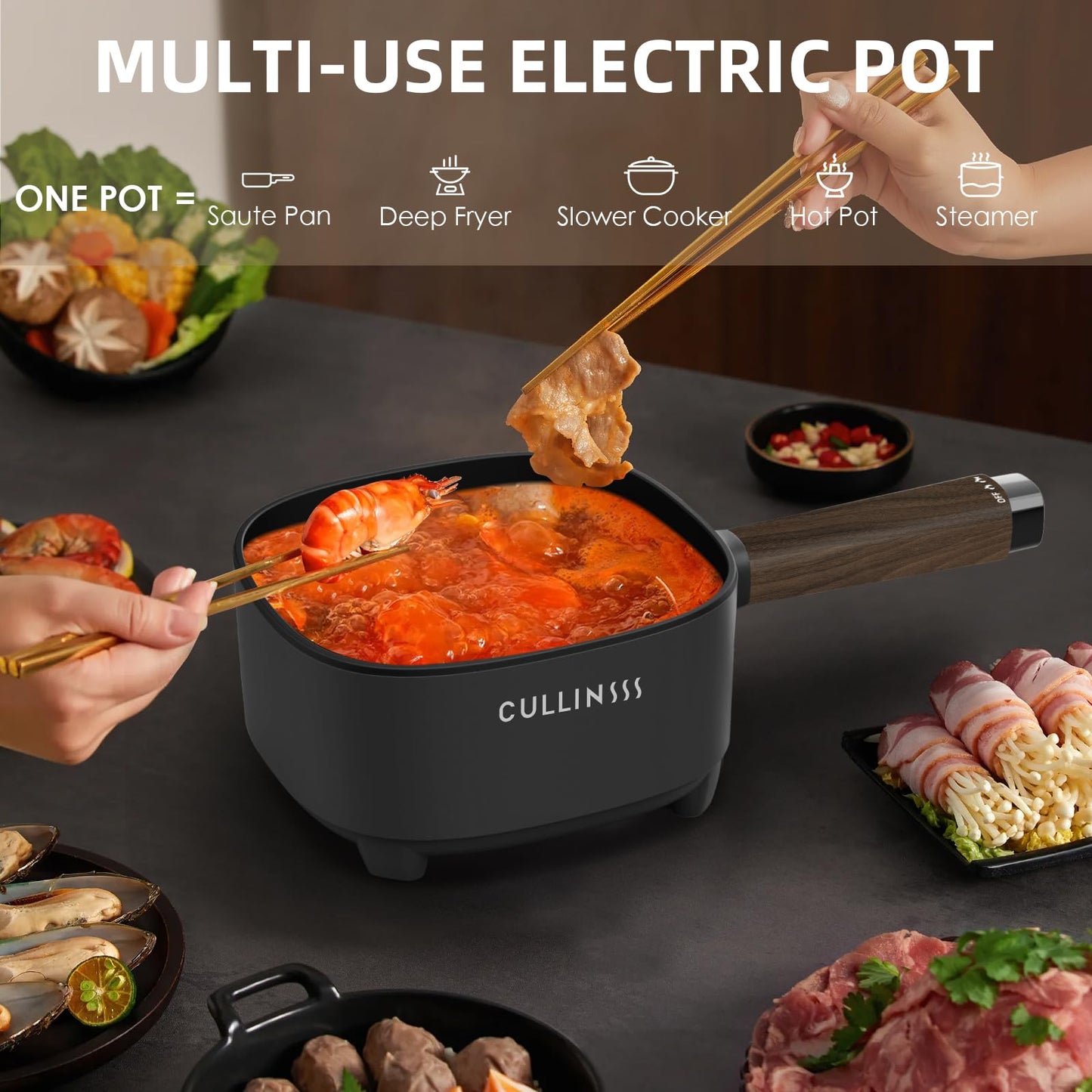 CULLINSSS 2L Hot Pot Electric with Steamer, Portable Electric Pot with Upgrade Titanium Nonstick Coating for Dorm, Office, Travel, Multi Cooker Pot for Ramen, Soup, Oatmeal (Tongs Included)