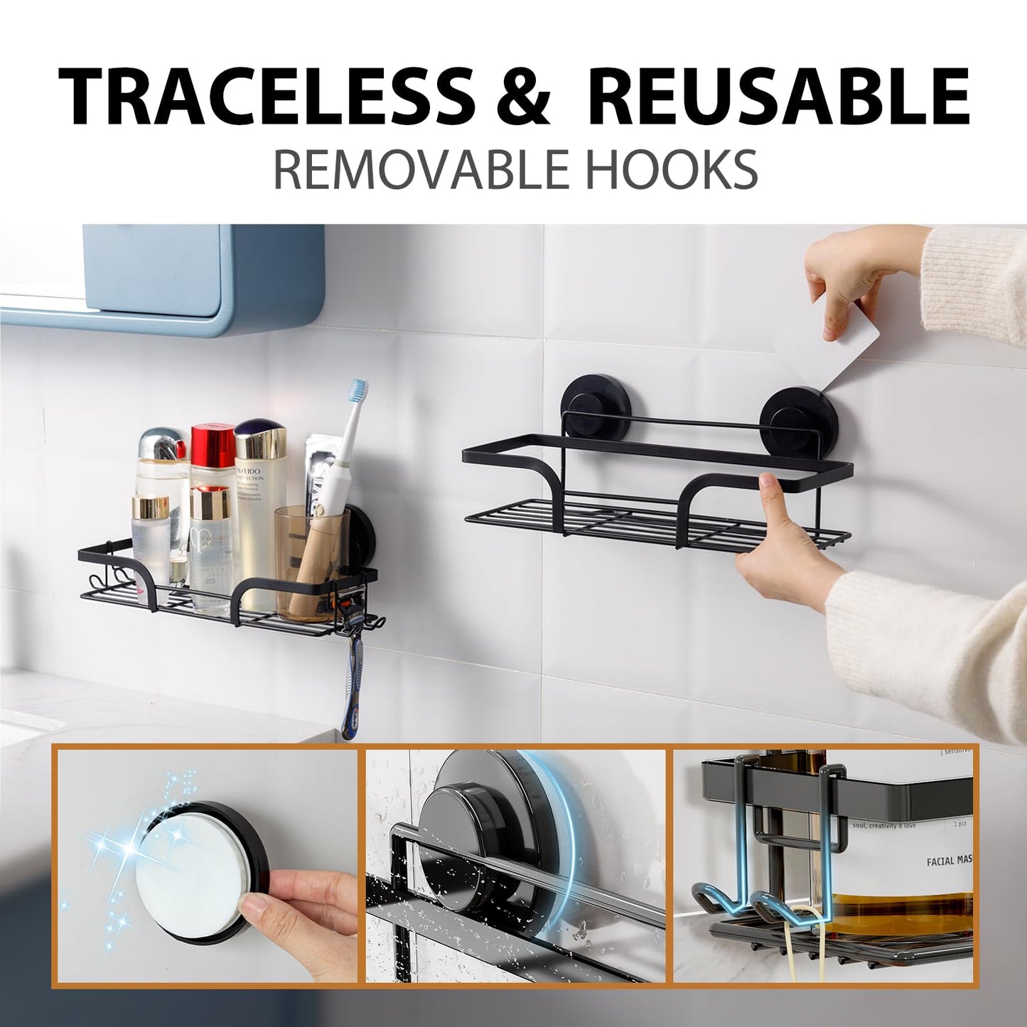 LEVERLOC Shower Caddy Suction Cup, 2 Pack Shower Shelves for Inside, Black Rustproof Metal Bathroom Storage NO-Drilling Bathroom Organizer with Large Capacity, Heavy Duty Storage Basket