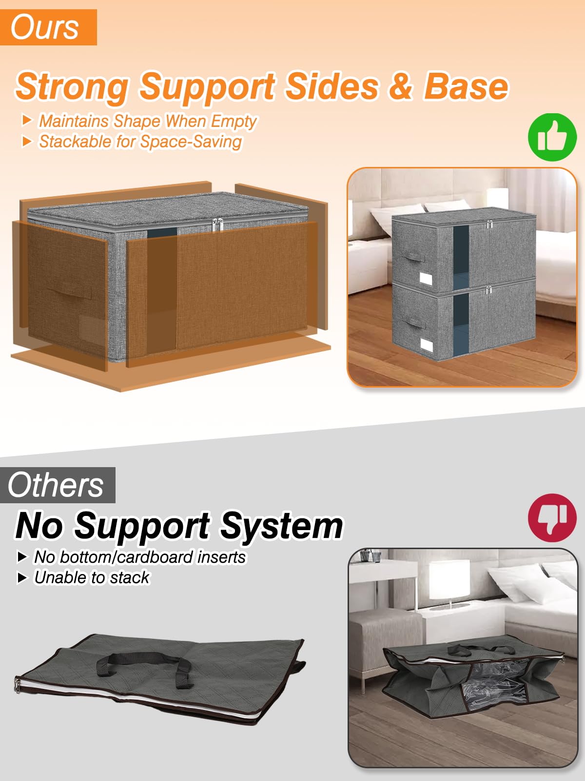 boailydi 60L Blanket/Comforter Storage Bag w/Rigid Side & Bottom Support, Stackable Clothes Storage Bin for Sweaters Bedding Sets Quilts Pillows, Closet Organizer, 21.7x14.2x11.8in, 2 Pack, Gray