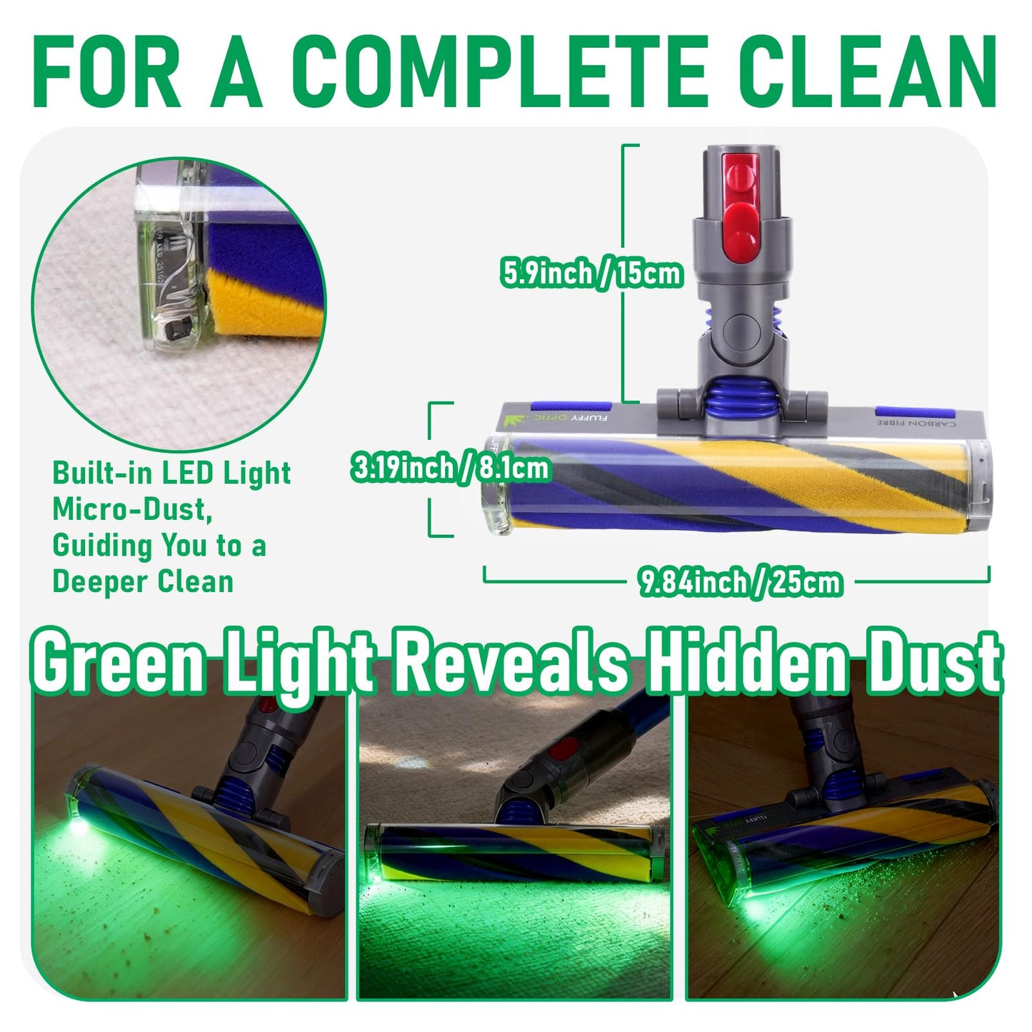 Klypticfit Soft Roller Cleaner Head Replacement Compatible with Dyson V8 V10 V15 Cordless Vacuums, Fluffy Hard Floor Brush Attachment with Green LED Optic Light & Trigger Lock