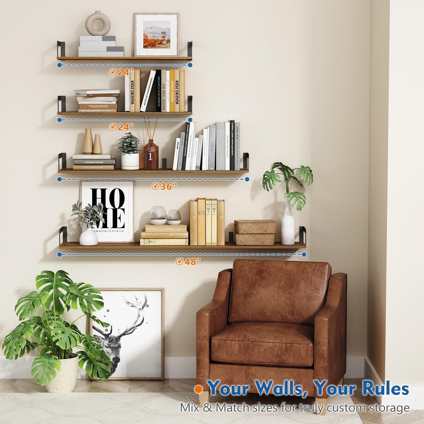 Harwaya Floating Book Shelves for Wall 3-Pack, 24 Inch Long Wall Mount Bookshelf for Bedroom, Rustic Farmhouse Wood Hanging Bookshelves for Living Room Office Books Plants (Dark Brown)