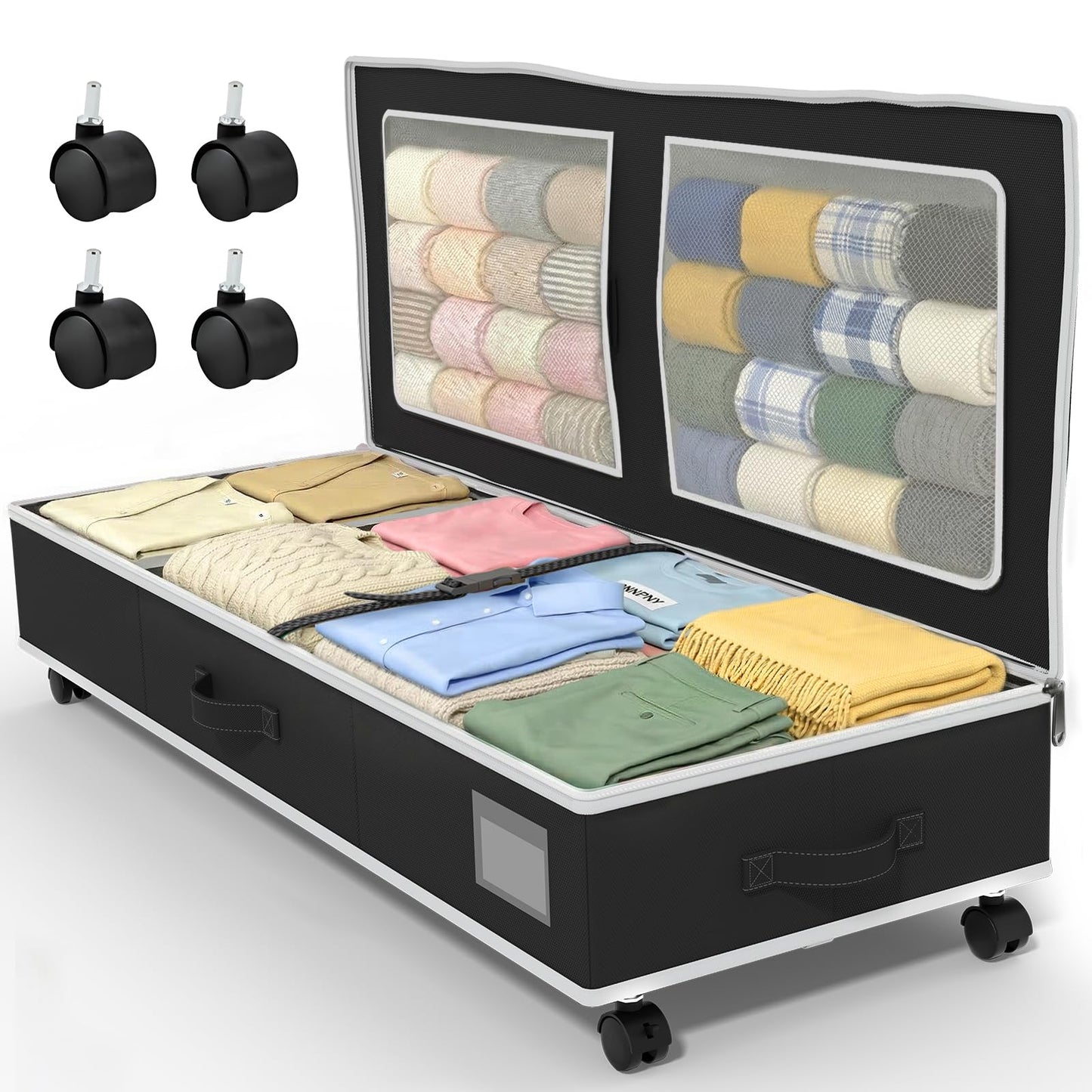 GoMaihe Under Bed Storage with Wheels: 70L Rolling Bins for Wrapping Paper Storage, Toys, Clothes - Includes Mesh Bag & Adjustable Dividers, Metal Frame Easy Pull-out Black 1-Pack