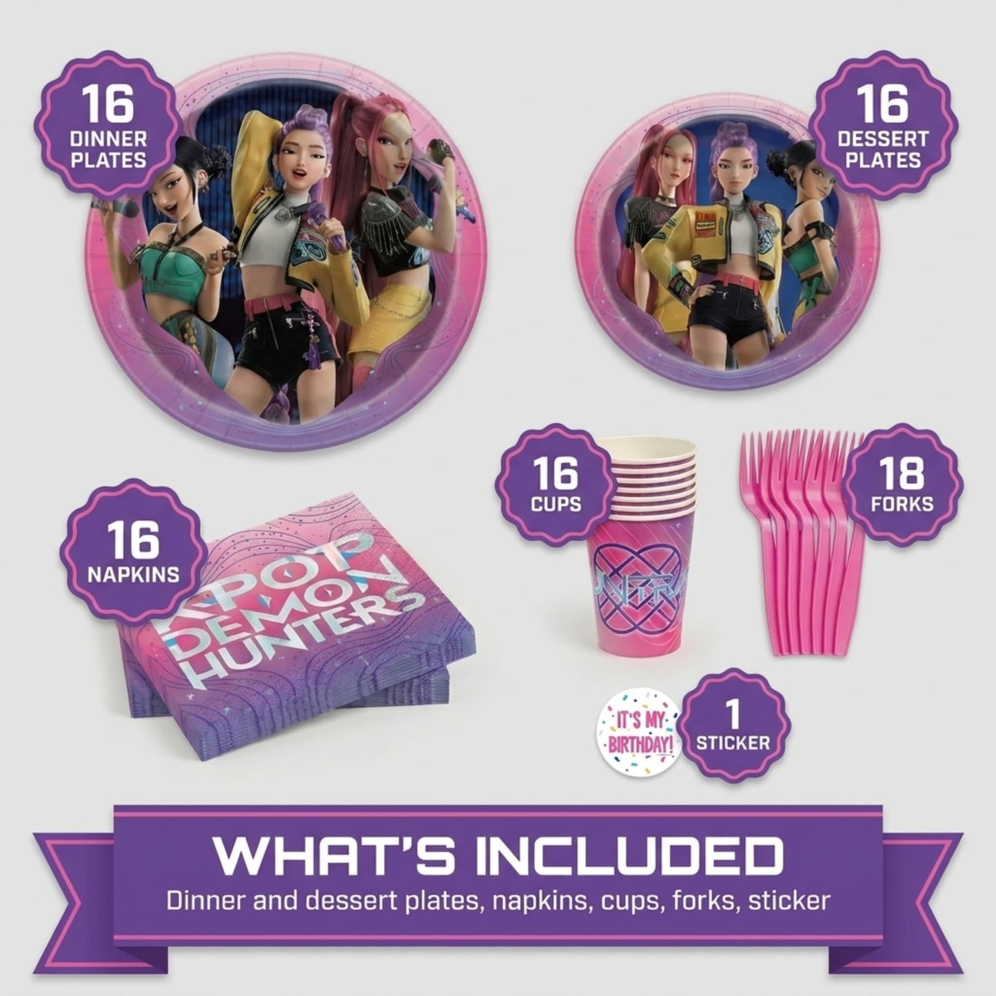 KPop Demon Hunters Birthday Decorations | KPop Demon Hunters Plates and Napkins, Cups, Forks | Officially Licensed